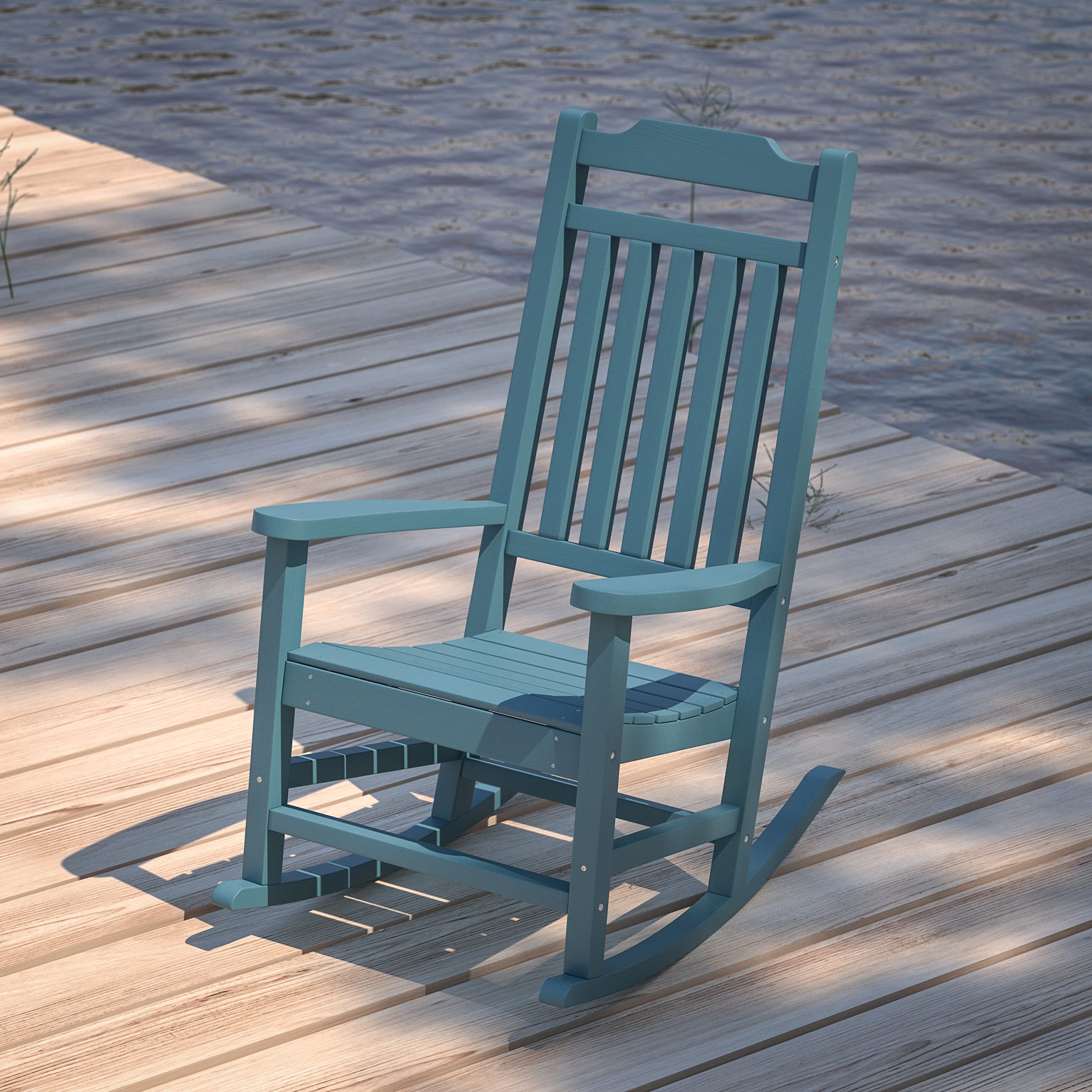 Merrick Lane Hillford All-Weather Rocking Chair - Teal Poly Resin Patio Rocker for Indoor & Outdoor Use - Perfect for Porch, Deck, Garden and Living Room Relaxation