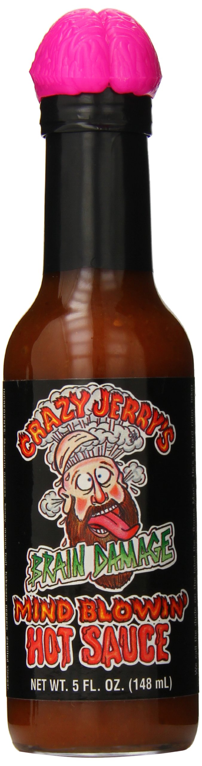 Crazy Jerry's Brain Damage Hot Sauce - 5oz Bottle with Plastic Brain Topper | Extreme Heat Ghost Pepper Sauce for Wings, Tacos & Bloody Marys | Perfect Gift for Spicy Food Lovers