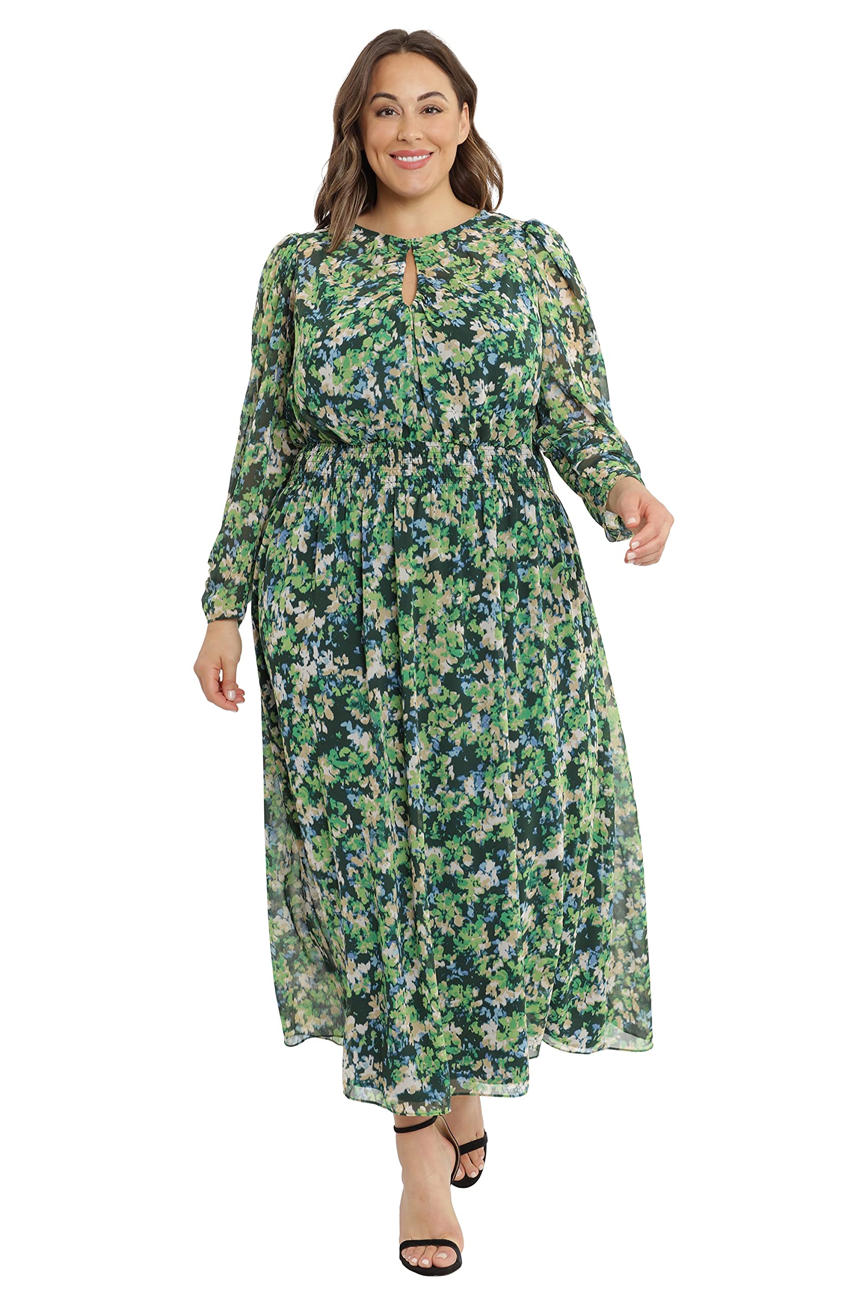 Maggy London Women's Front Keyhole Smocked Waist Midi Dress - Elegant Floral Print Summer Dress for Cocktail Parties, Weddings & Office Wear