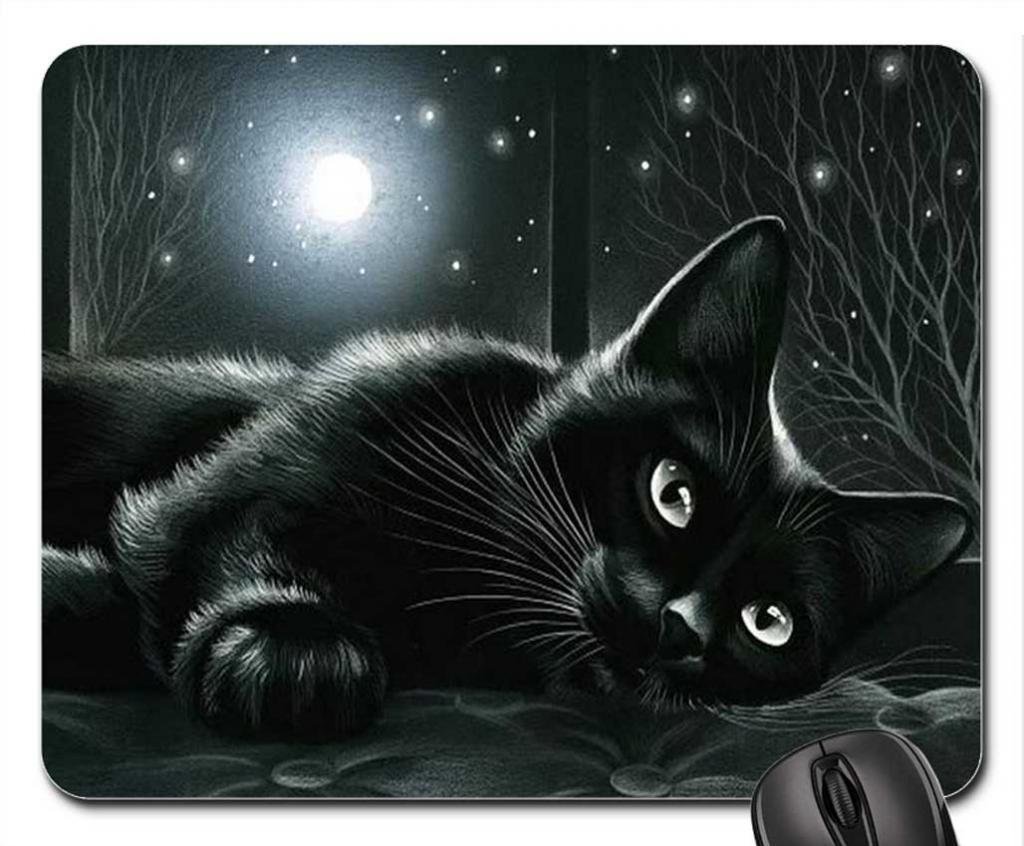 Black Cat in Moonlight Mouse Pad - Non-Slip Gaming Mousepad with Cute Cat Design for School Supplies, Office & Home Computer Desk - Perfect for Students, Gamers & Work from Home