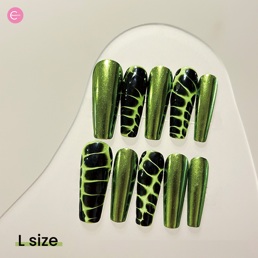 YUCHEN Green Serpent Metallic Press On Nails - Long Lasting Fake Nails with Glue - Perfect for Parties, Weddings & Special Occasions