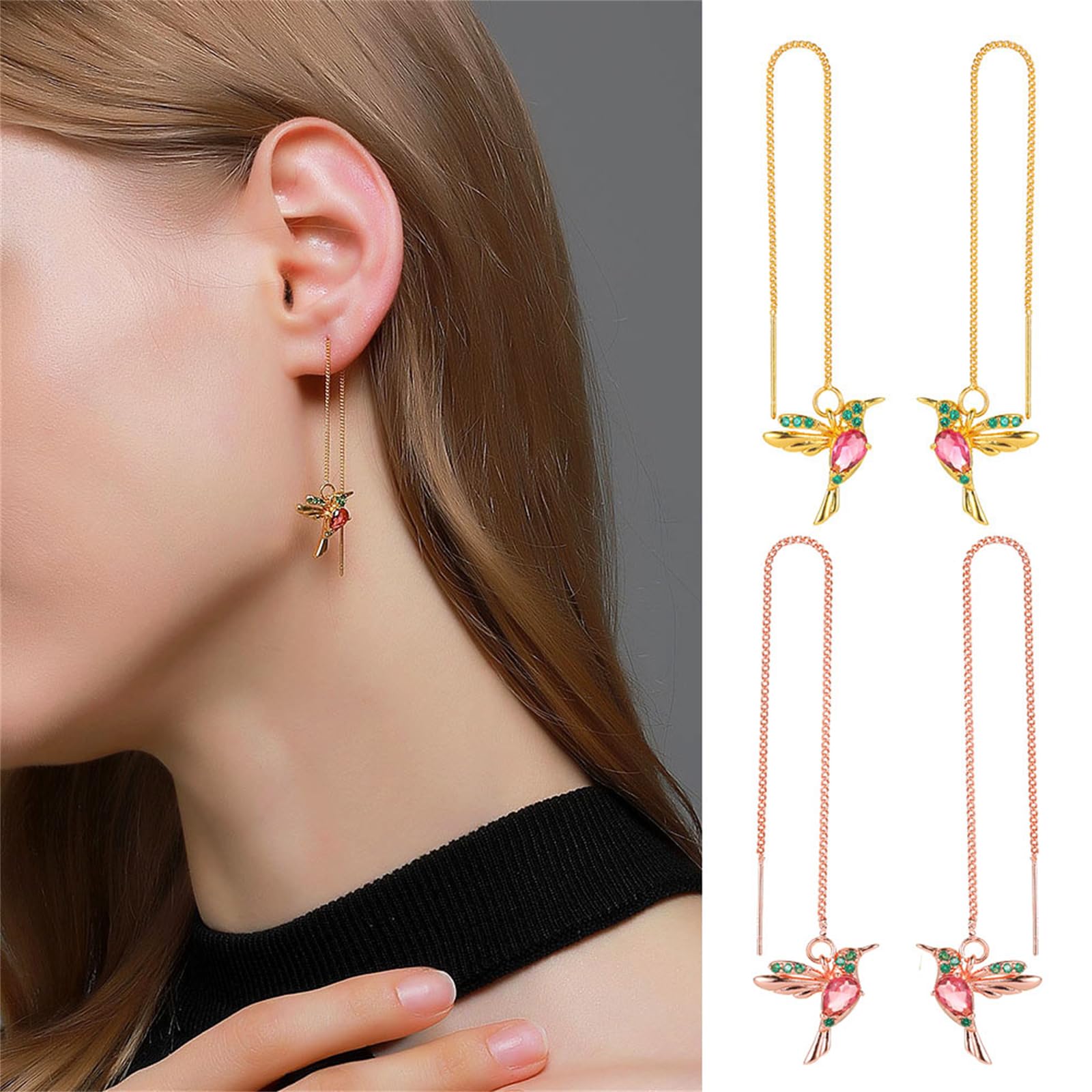 Gold Hummingbird Threader Earrings for Women - Elegant Long Bird Dangle Earrings with Chain | Unique Animal Jewelry Gift for Her | Perfect for Date Night, Parties & Special Occasions