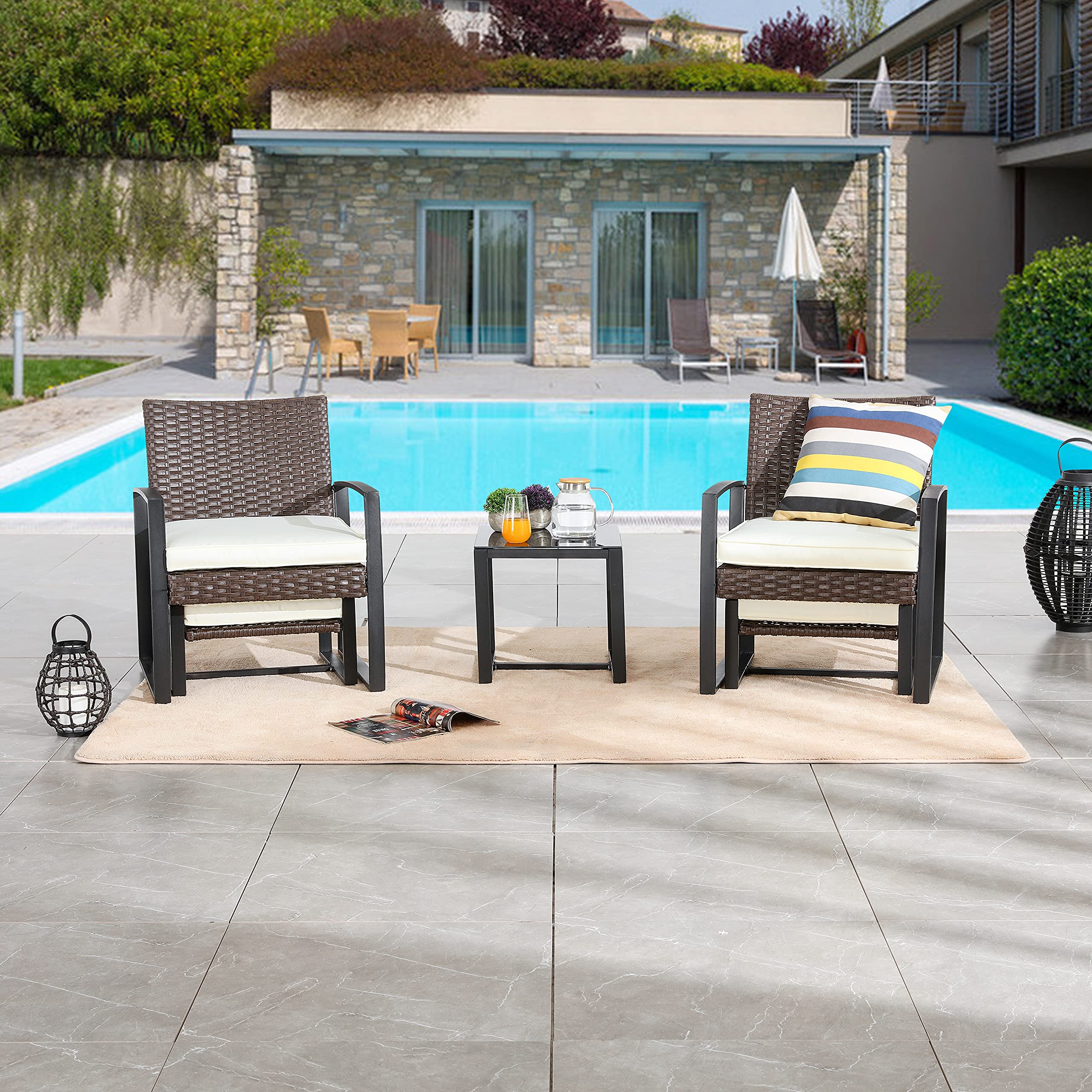 LOKATSE HOME 5-Piece Patio Conversation Set - Outdoor PE Wicker Rattan Sofa with Cushions, Chairs & Ottoman, Tempered Glass Coffee Table - White - Perfect for Backyard, Garden, Poolside & Patio Relaxation