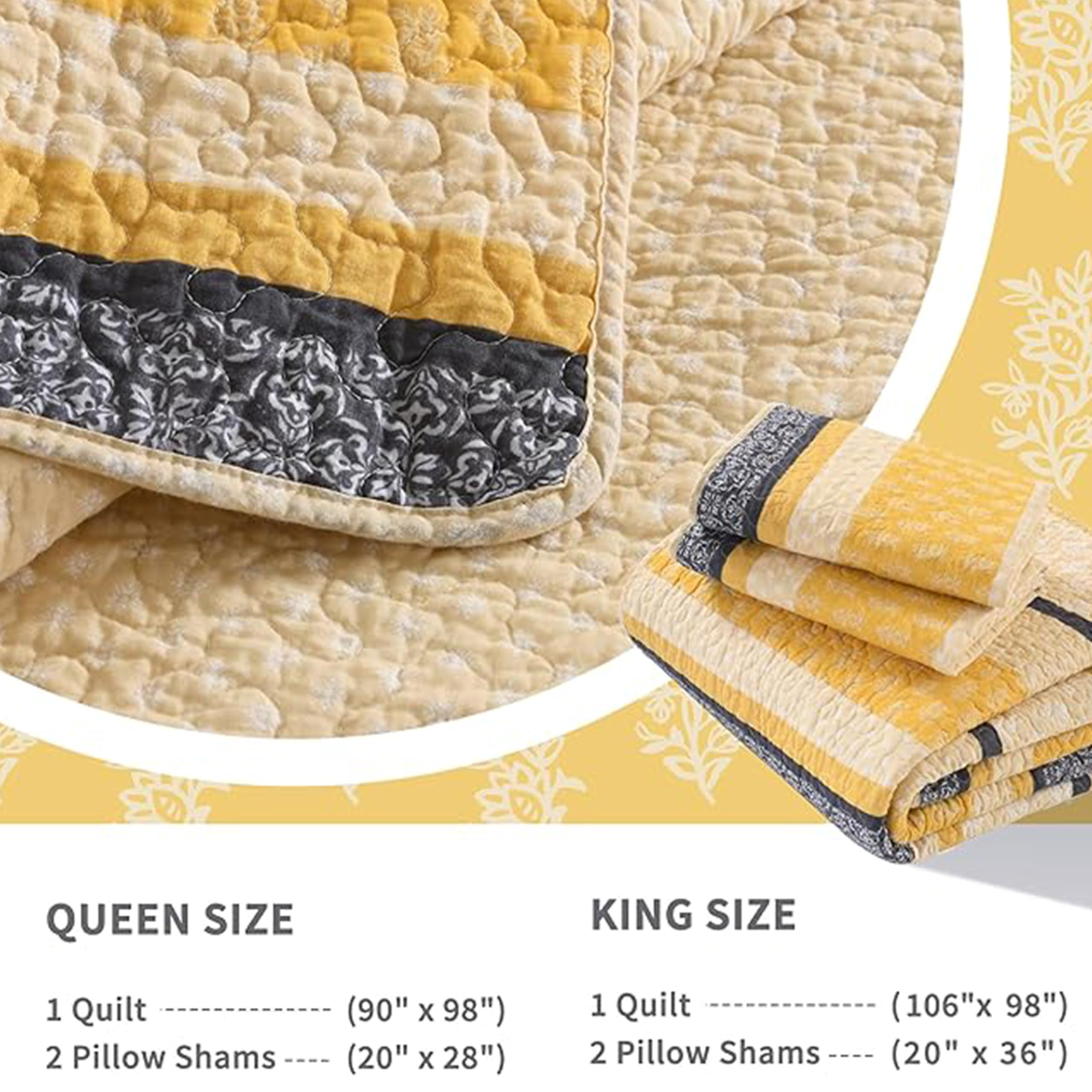 Homzard Queen Size Quilt Bedding Set - 3 Piece Lightweight Cotton Comforter in Yellow, Black & Grey Stripes | Farmhouse Style All Season Bedspread for Cozy Home Decor