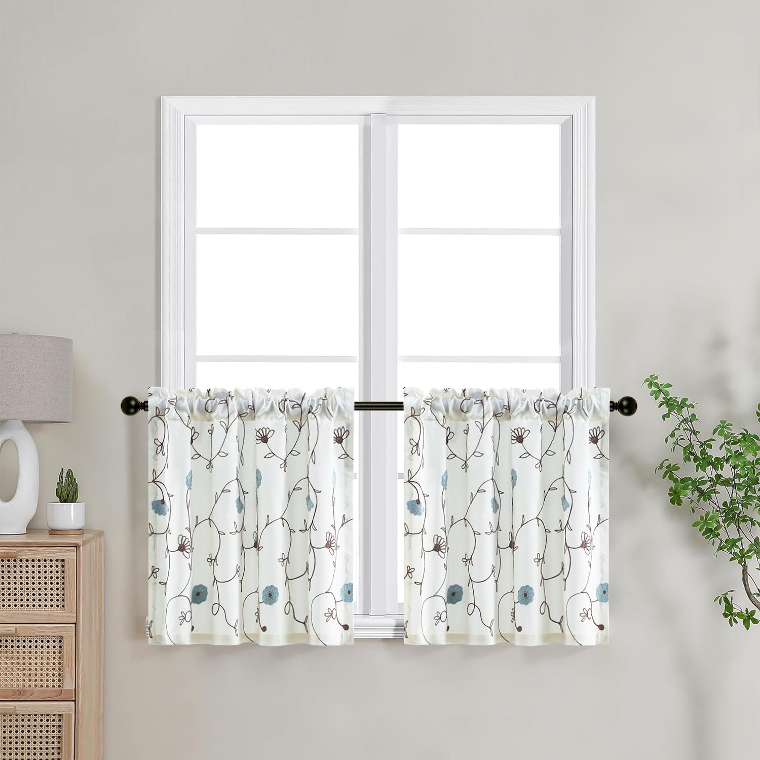 VOGOL 24 Inch Blue Floral Embroidered Kitchen Half Curtains - Farmhouse Modern Short Window Curtains with Rod Pocket (Set of 2, 30x24 Inches) - Perfect for Small Windows, Kitchen Decor, and Cozy Farmhouse Style