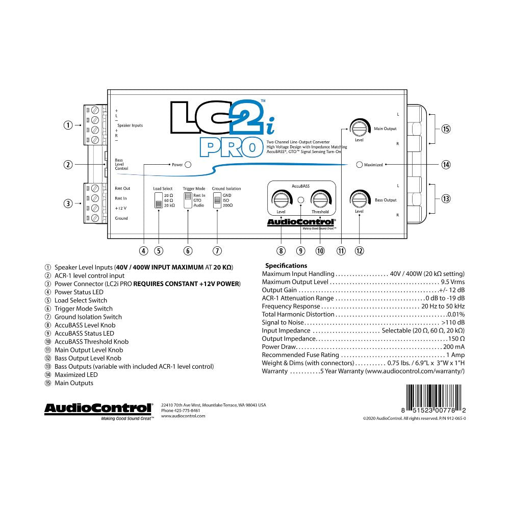 AudioControl LC2i PRO 2 Channel 400W Line Output Converter - High Power Car Audio Signal Processor for Amplifiers & Subwoofers | Perfect for Car Audio Systems & Custom Installations