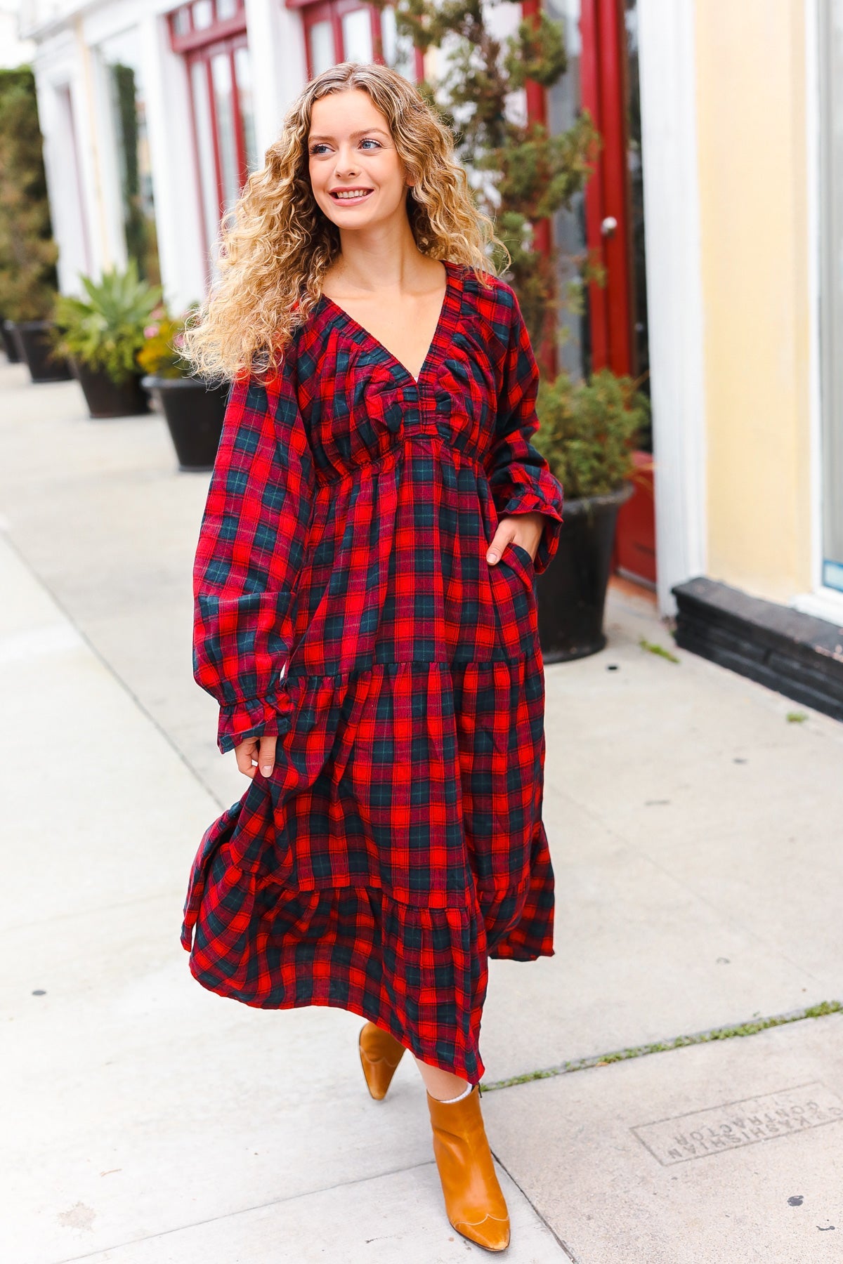 Stylish Red Plaid Elastic V-Neck Tiered Maxi Dress for Women | Flowy Long Summer Dress | Perfect for Beach, Vacation & Casual Outings