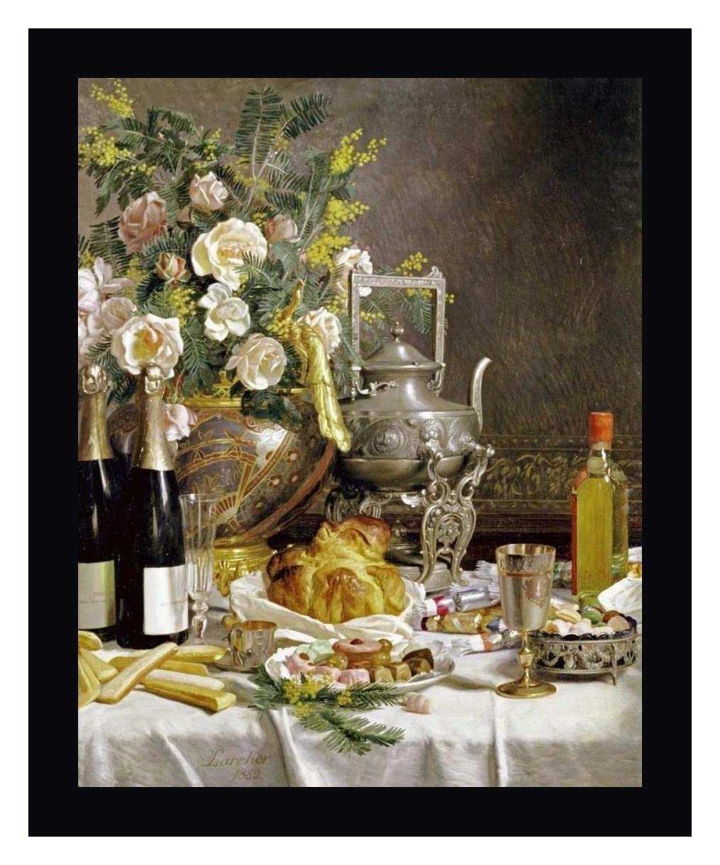 Jules Larcher Champagne Bread Biscuits and Cakes Framed Canvas Art Print - 24x30 Inches - Black Frame - Ready to Hang - Perfect for Kitchen, Dining Room, or Cafe Wall Decor
