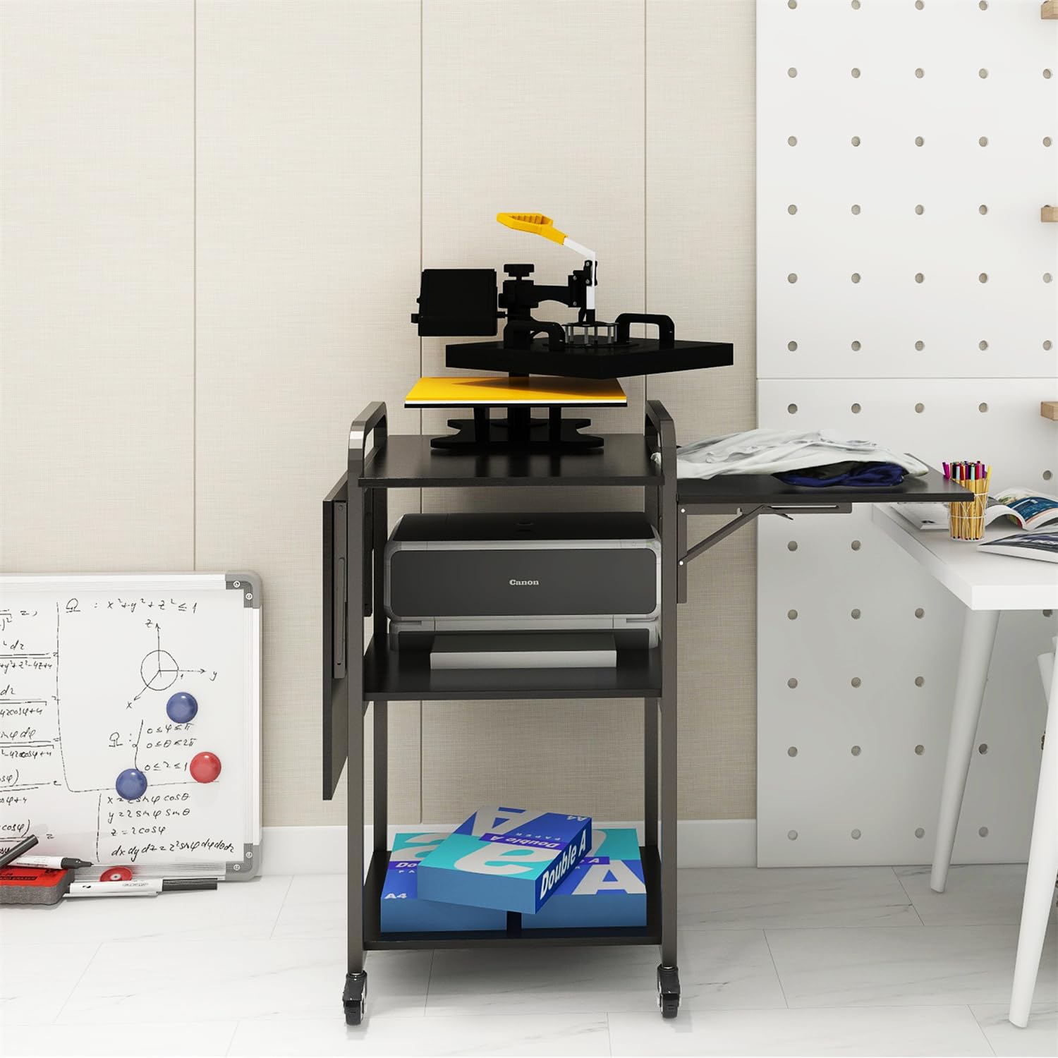 PUNCIA 3-Tier Heavy Duty Foldable Rolling Workbench - 20'' Movable DIY Heat Transfer Press Machine Stand with Metal Shelf Storage | Perfect for Sublimation Transfer, T-Shirt Printing & Craft Organization | Ideal for Home Studios, Small Businesses & DIY Workshops