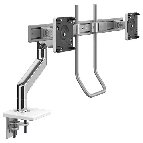 Humanscale M8.1 Dual Monitor Arm - Adjustable Height & Swivel, Crossbar & Handle, 2-Piece Clamp Mount (Polished Aluminum/White Trim) - Perfect for Home Office & Workstation Setup - M81CMWBHB