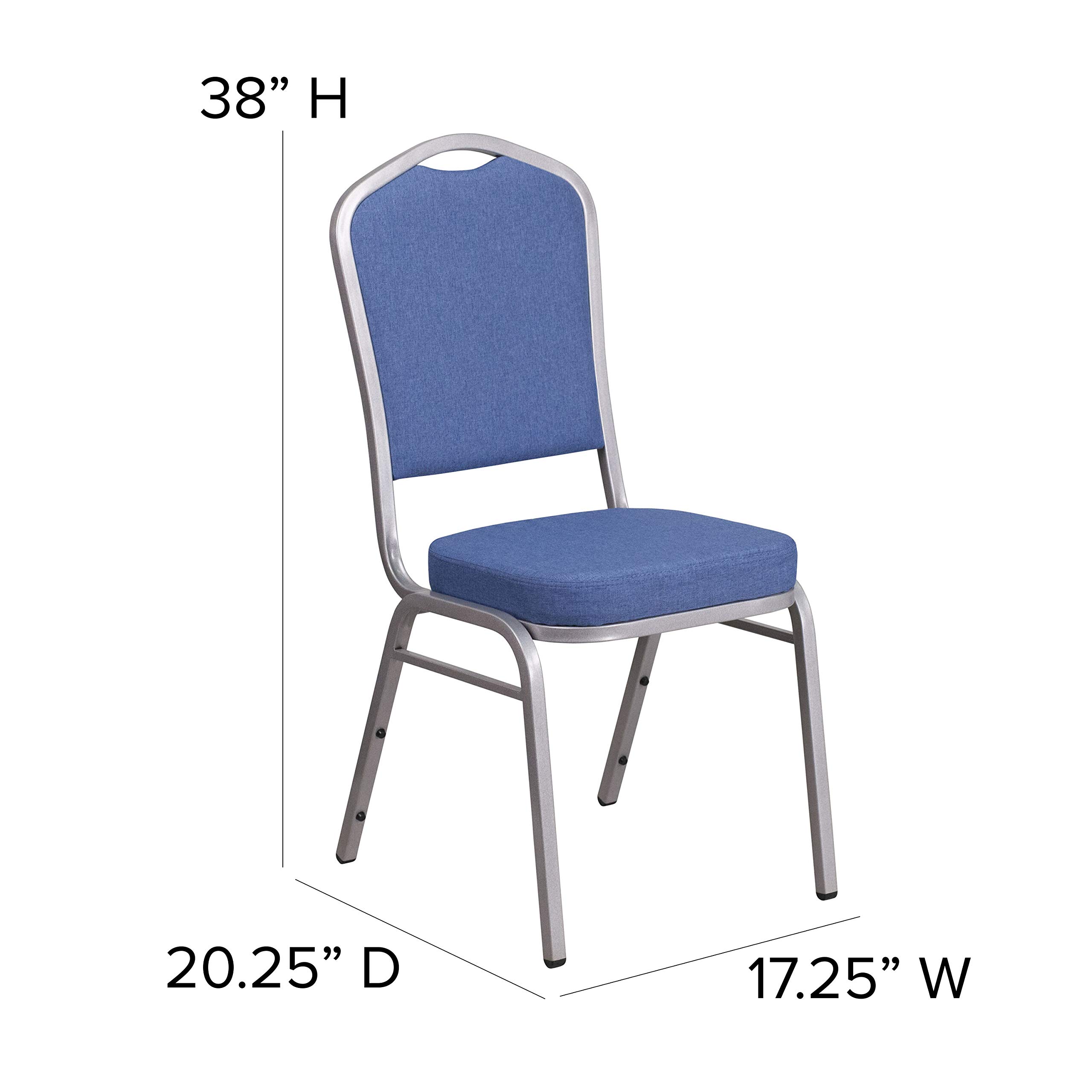 EMMA + OLIVER 4 Pack Blue Fabric Crown Back Stacking Banquet Chairs with Silver Frame - Perfect for Weddings, Events & Home Dining