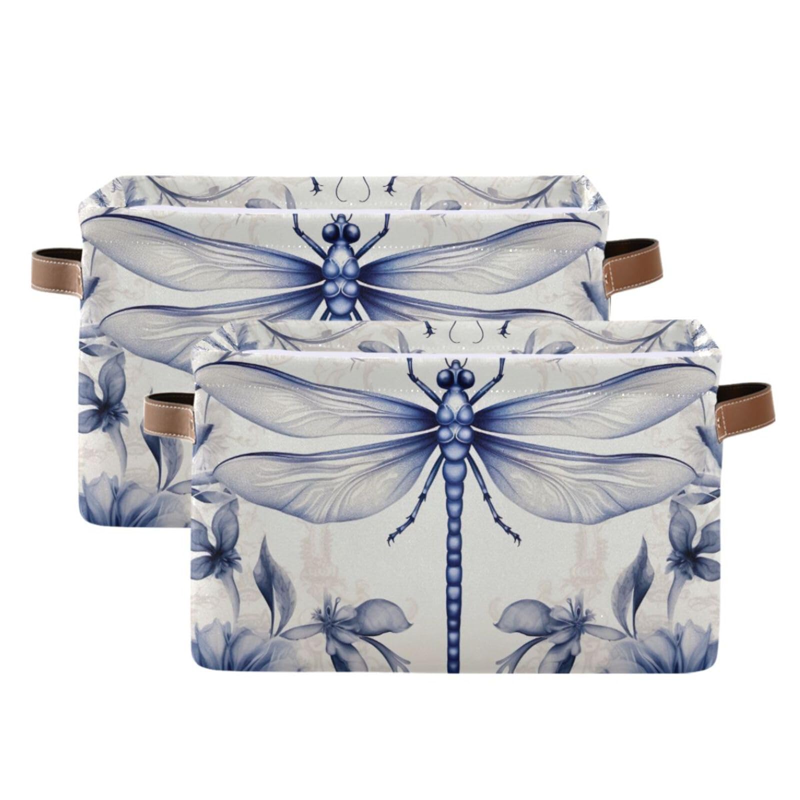 Indigo Dragonfly Foldable Canvas Storage Baskets with Handles - 2 Pack Rectangle Fabric Organizer Boxes for Home, Office, Closet & Shelves | Perfect for Clothes Storage, Toy Organization & Decorative Home Decor