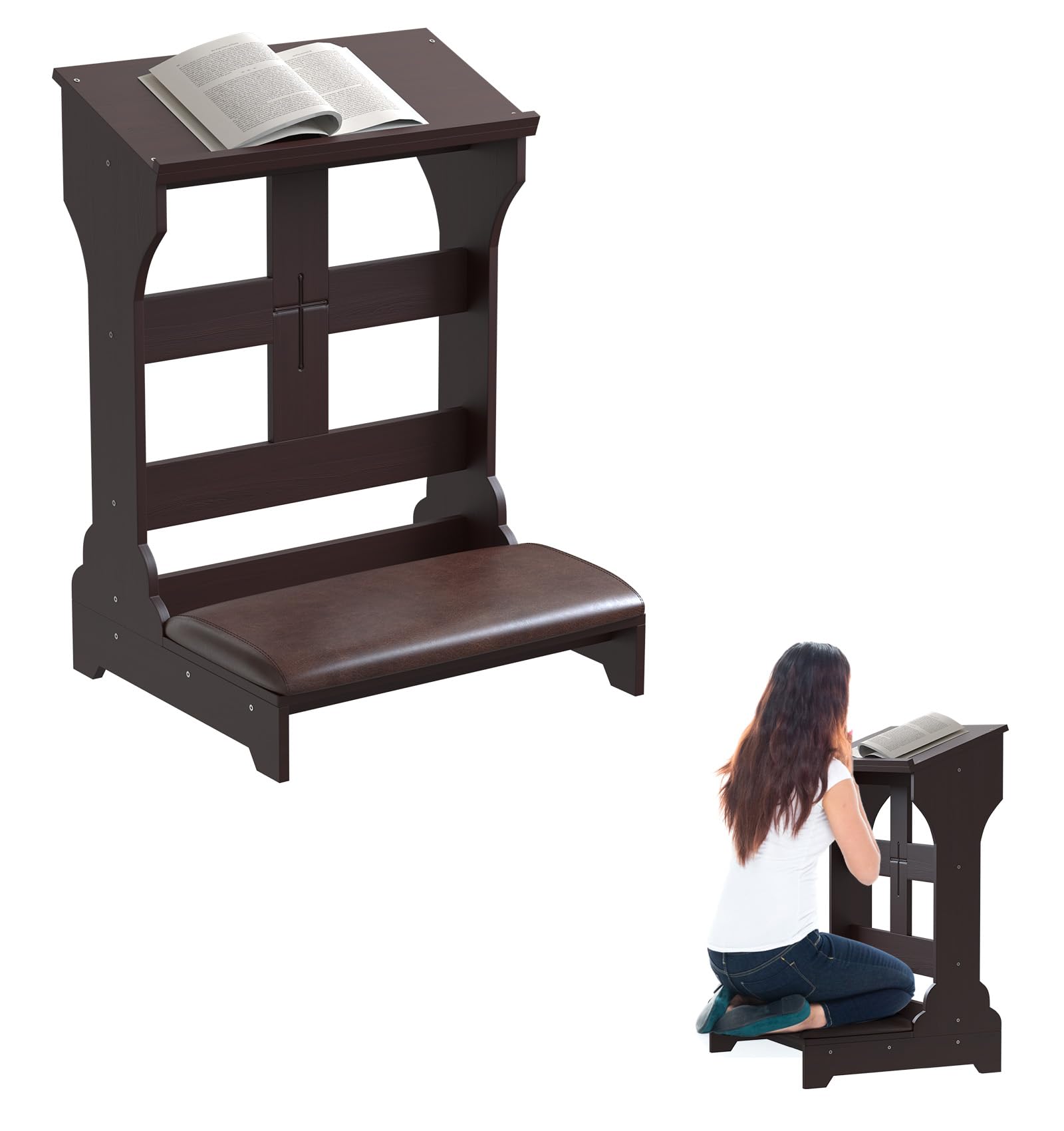 **Solid Wood Prayer Bench Stool with Shelf & Cushion - 23x20x32.8 Inch Kneeling Bench for Church, Home Worship - Religious Gifts & Devotional Furniture for Comfortable Prayer & Meditation**