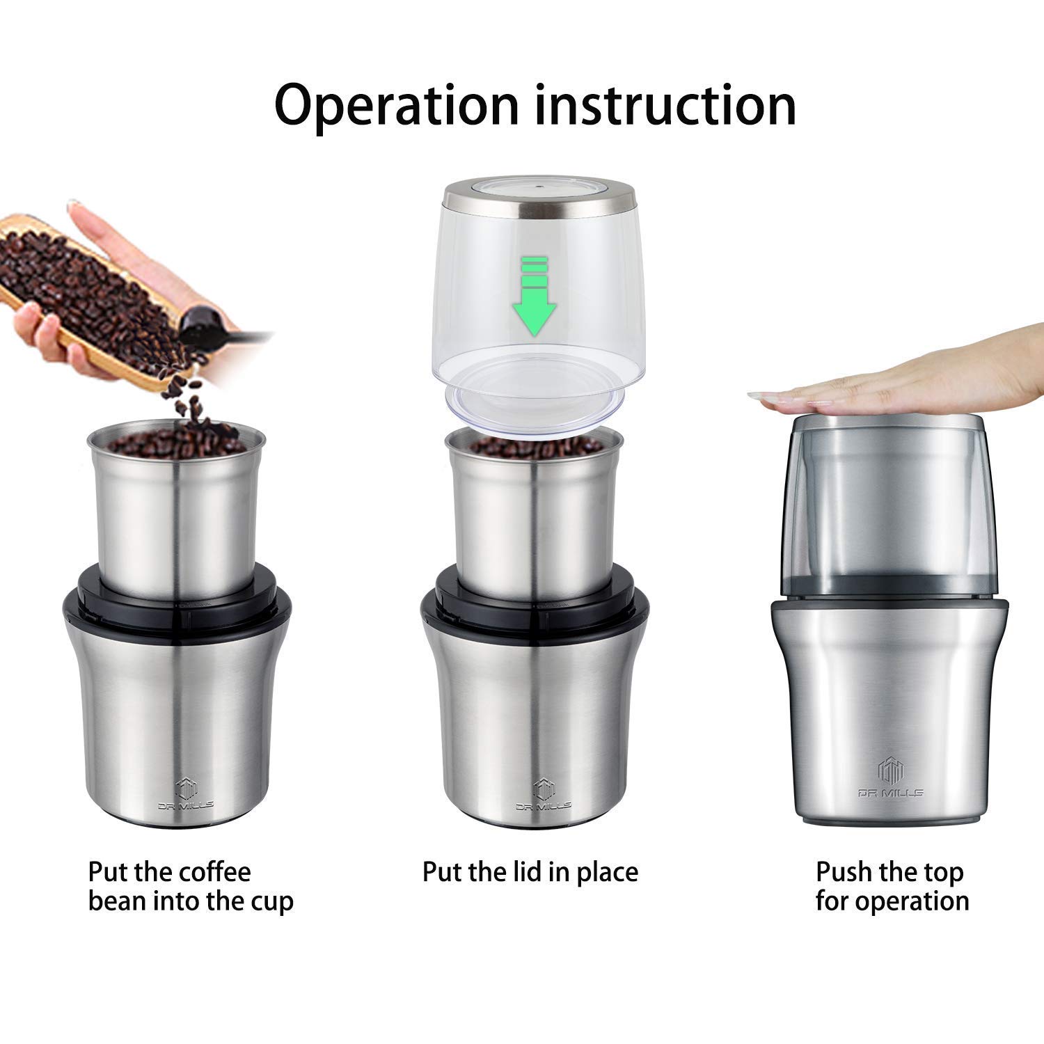 DR MILLS DM-7412N Electric Spice & Coffee Grinder with Dry & Wet Grinding Cups - Perfect for Freshly Ground Coffee, Spices, Nuts, and Baby Food at Home or Commercial Kitchens