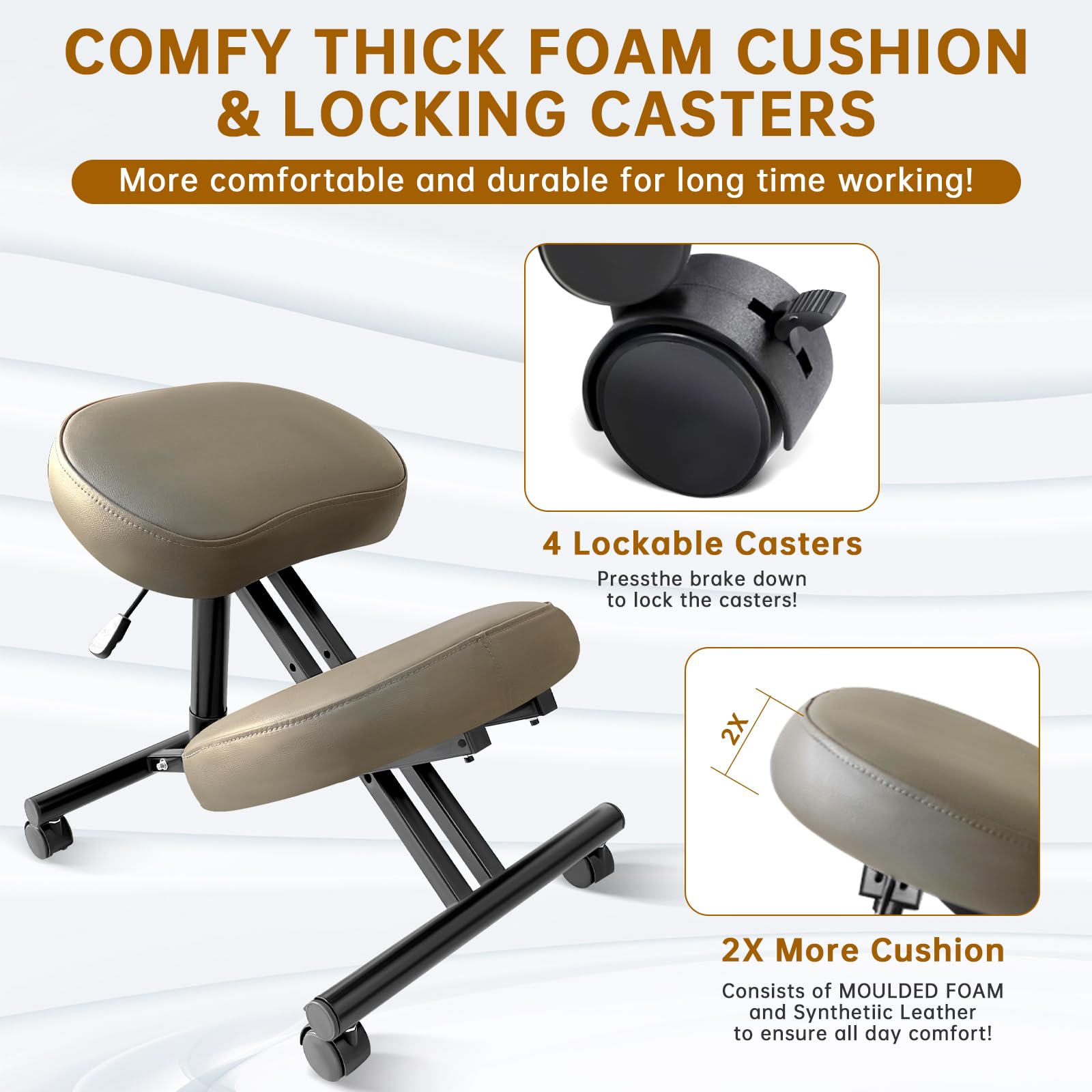 PU Leather Ergonomic Kneeling Office Chair - Adjustable Home & Office Stool with Thick Pads & Lockable Wheels for Back Pain Relief (Brown) | Perfect for Home Office, Meditation & Posture Correction