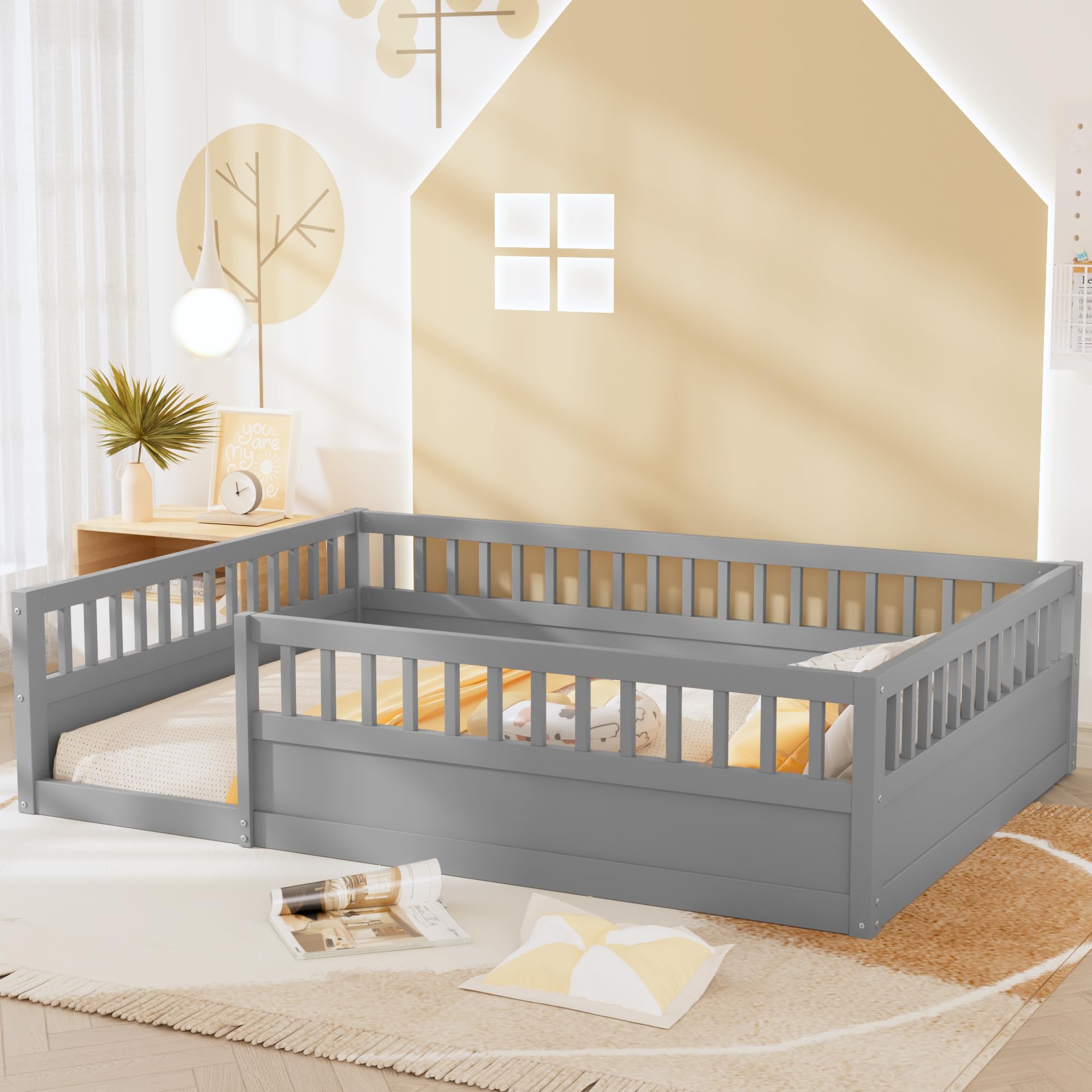 Montessori Floor Bed for Kids - Full Size Wooden Toddler Bed with Safety Fence | Gray Children's Bed Frame for Bedroom & Playroom | Safe Sleeping & Play Space for Toddlers 1-5 Years Old