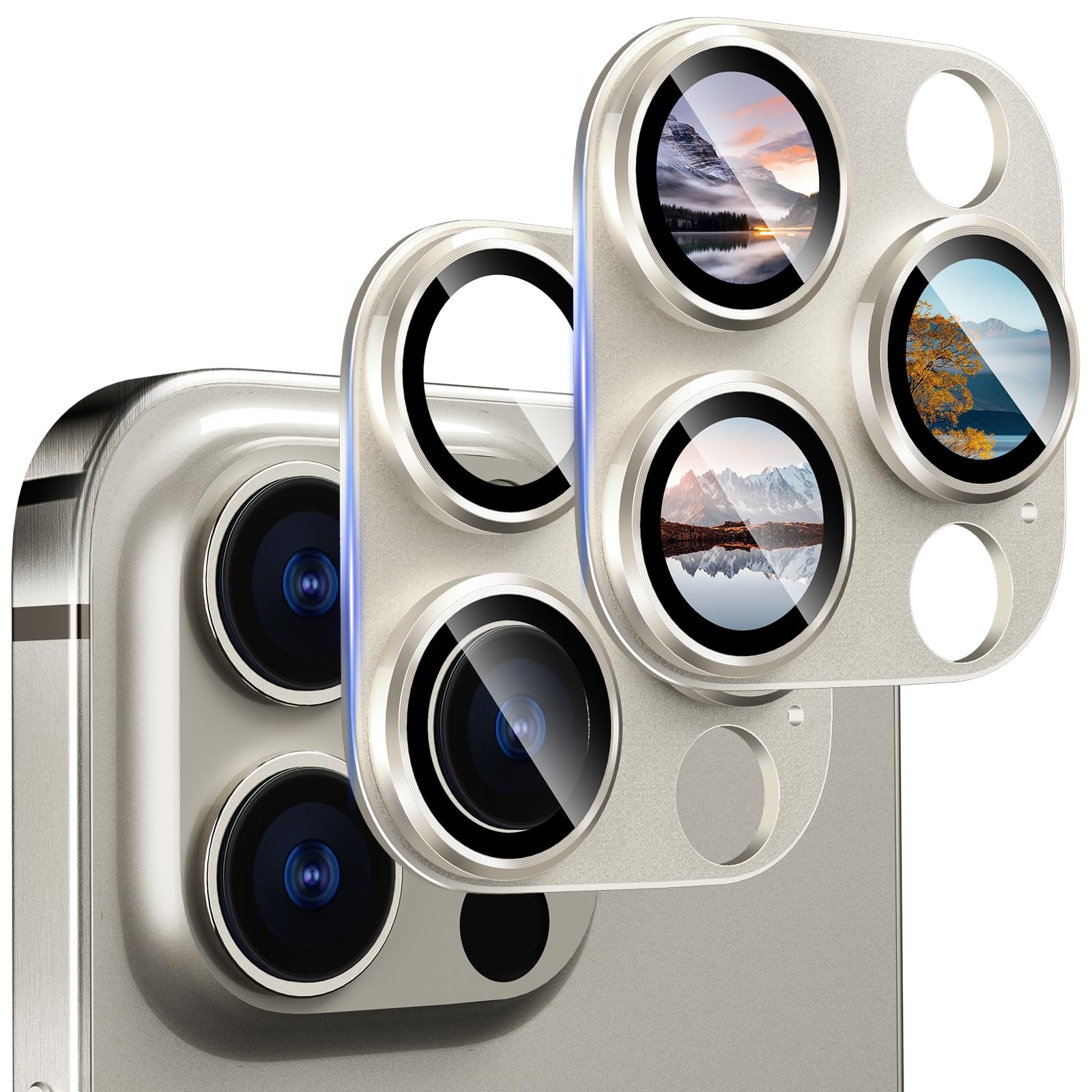 CloudValley 2-Pack iPhone 15 Pro & Pro Max Rear Camera Lens Protector - 9H Hardness Tempered Glass, Full Coverage, Scratch Resistant (Natural Titanium) - Perfect for Outdoor Adventures, Travel & Daily Protection