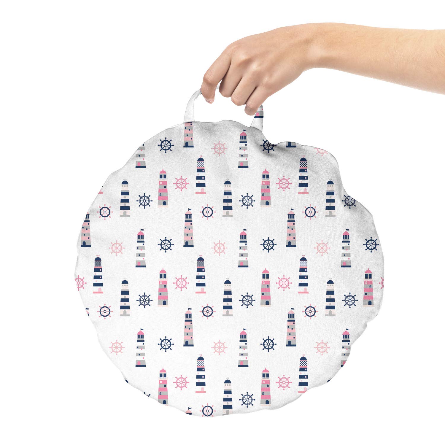 Ambesonne Nautical Round Floor Cushion with Handle - Sea Coast Theme Steering Wheel & Lighthouse Ocean Decor - 18