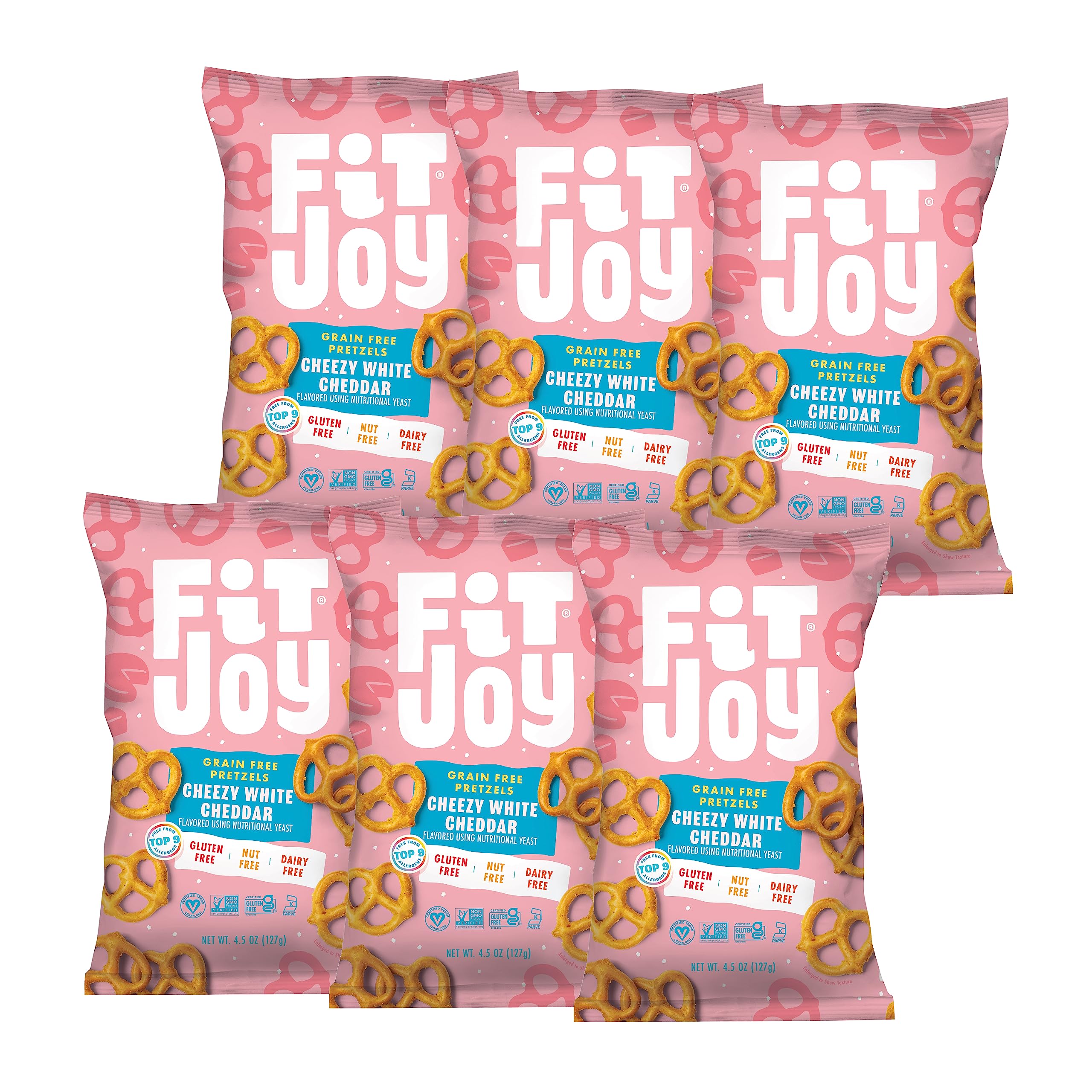 FitJoy Gluten Free Pretzels - White Cheddar Twists, Grain Free, Non-GMO, Vegan Certified Snacks (4.5 Oz, 6 Pack) | Crunchy USA-Made Pretzel Sticks for School Lunches, Movie Nights & Healthy On-the-Go Snacking