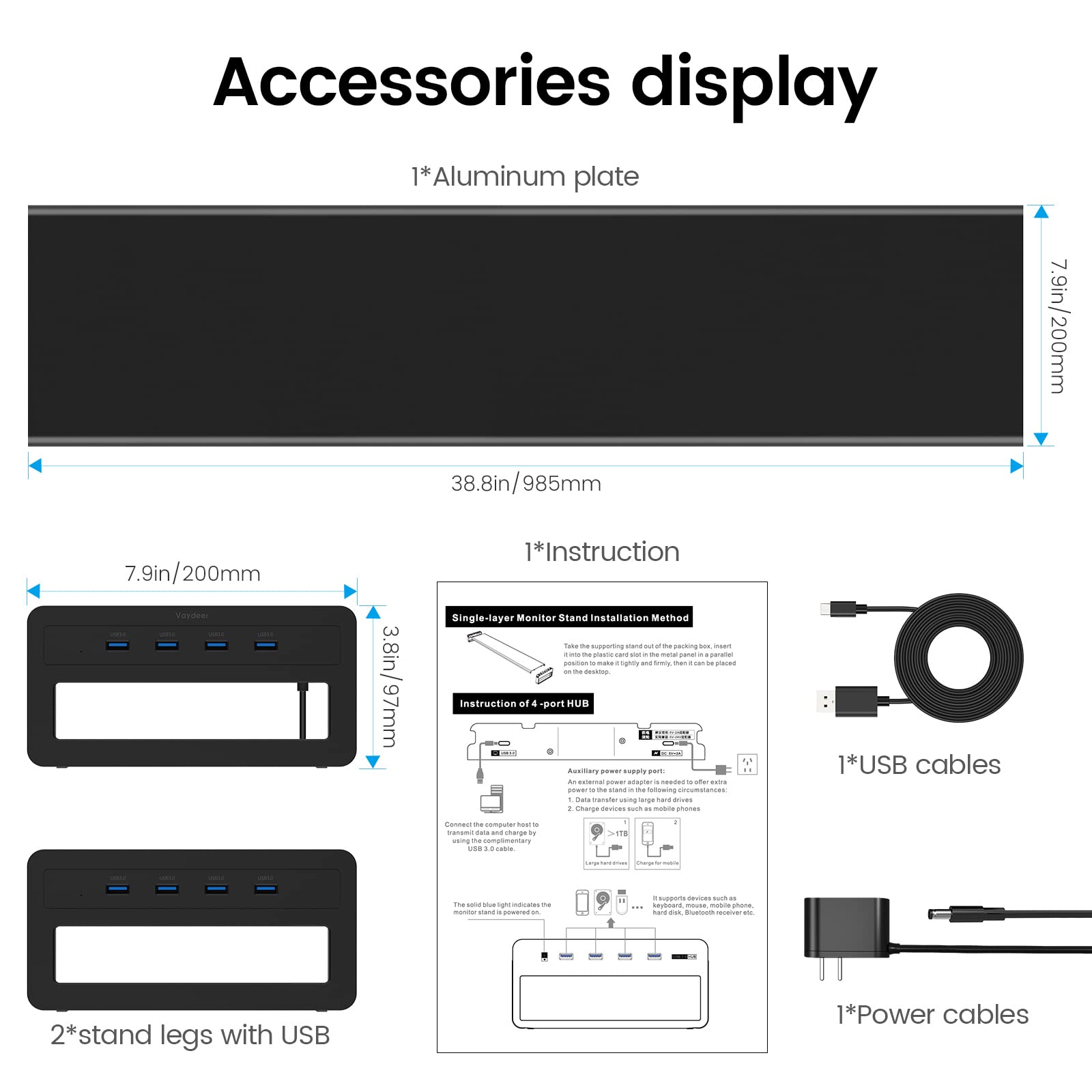 Dual Monitor Stand Riser with 4 USB 3.0 Hub Ports - Sturdy Aluminum Desktop Organizer for Computer, TV, PC, Printer & Speakers | Perfect for Home Office, Gaming Setup & Workspace Organization