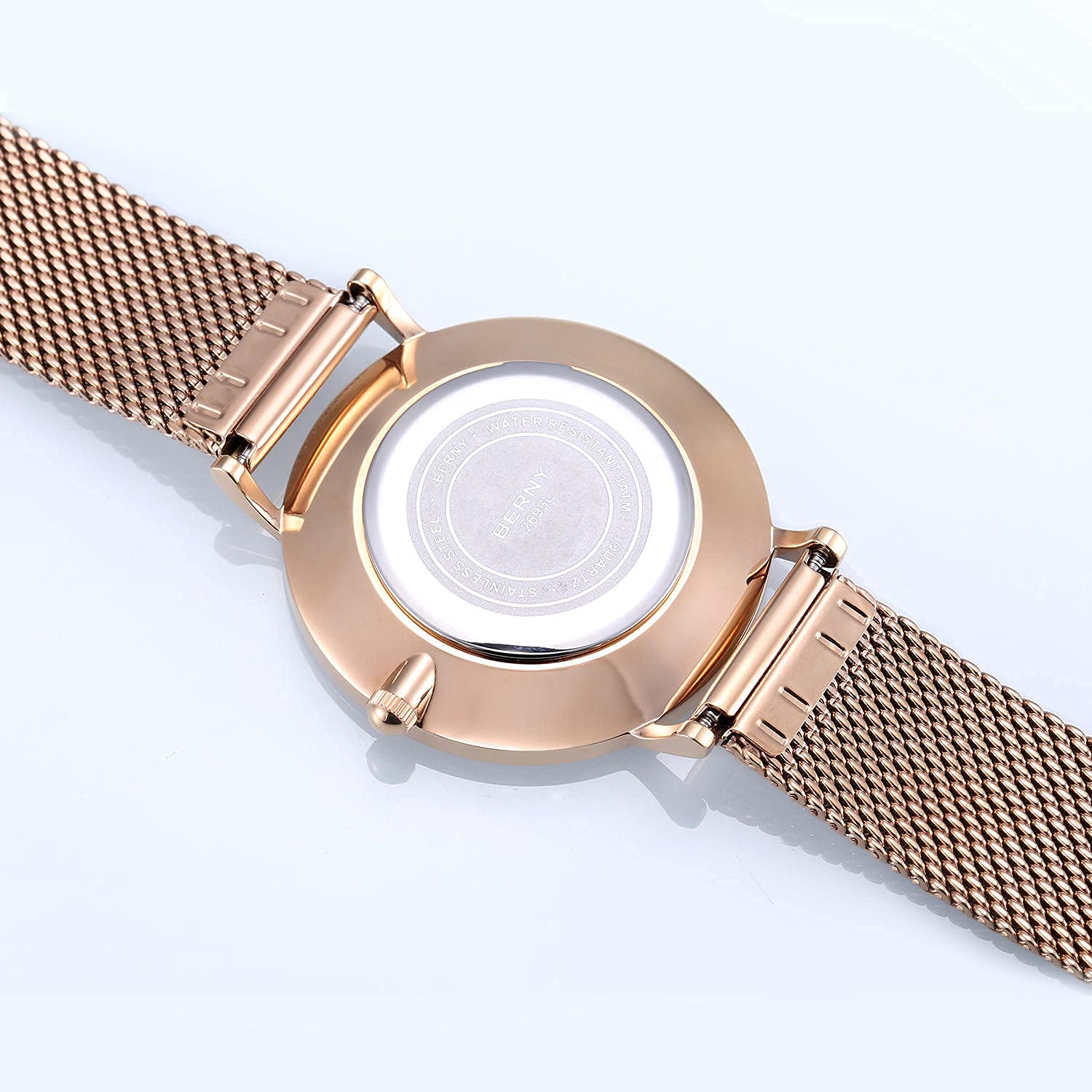 BERNY Women's Rose Gold Minimalist Quartz Watch - Ultra-Thin Two-Hand Design with Mesh Strap, Waterproof Fashion Wristwatch for Everyday Wear, Office & Special Occasions