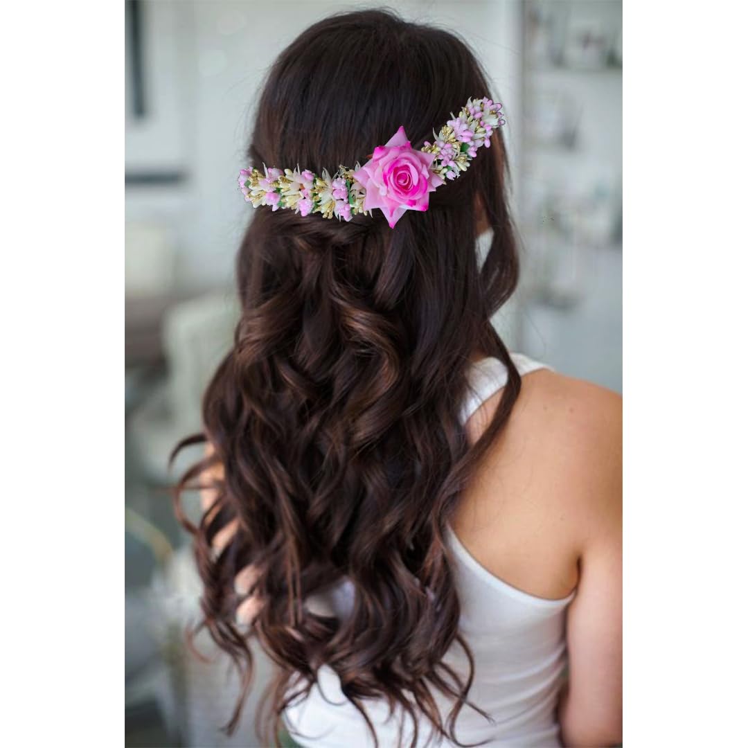 Rose Flower Hair Pin with Leaf Pollens & Pearl Design - Elegant Hair Veil/Side Juda Decoration for Women & Girls (Baby Pink) | Perfect for Weddings, Parties & Special Occasions