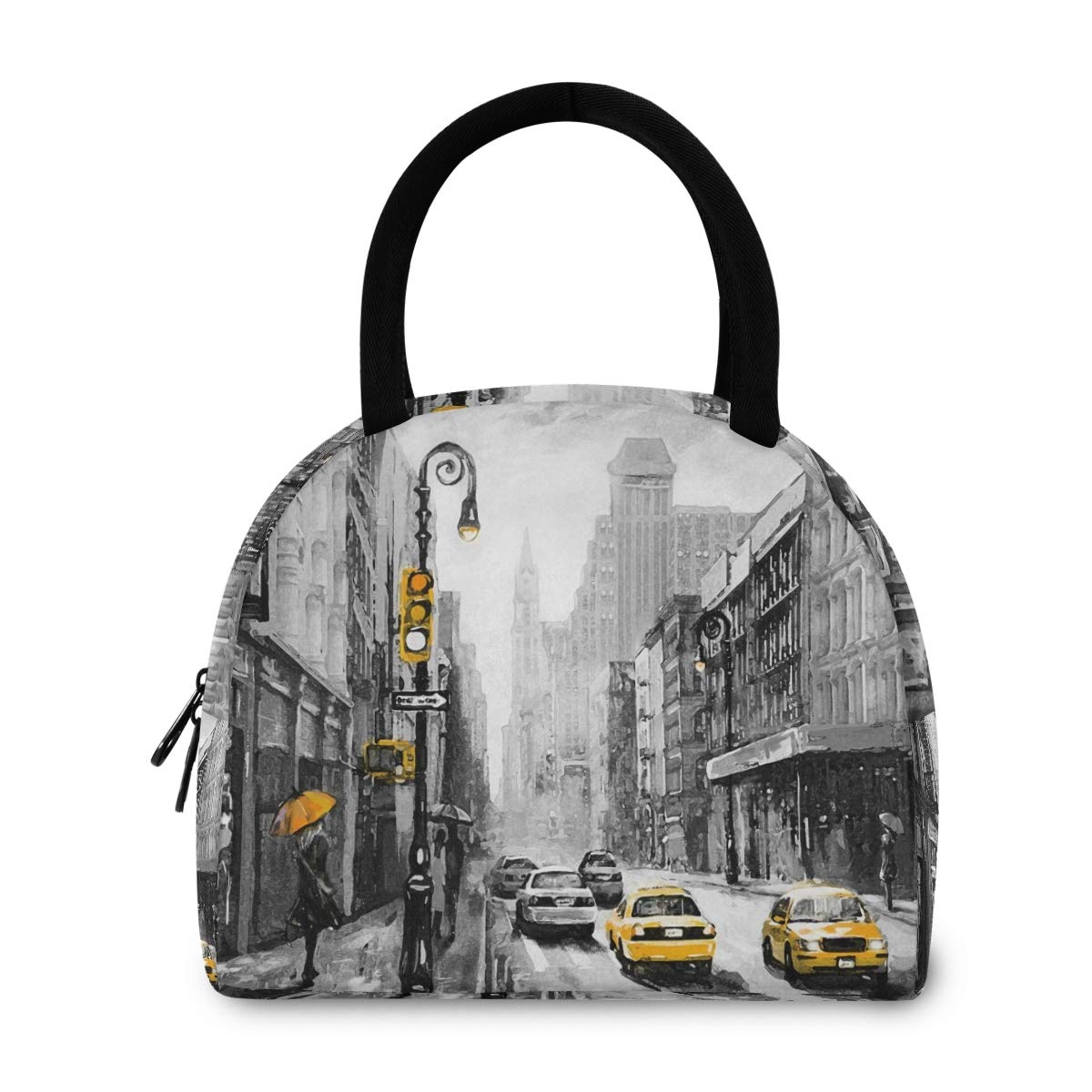 Stylish Insulated Reusable Lunch Tote Bag with Front Zipper Pocket - New York Street View Design - Thermal Cooler for Work, Picnic, Travel, Beach & Fishing
