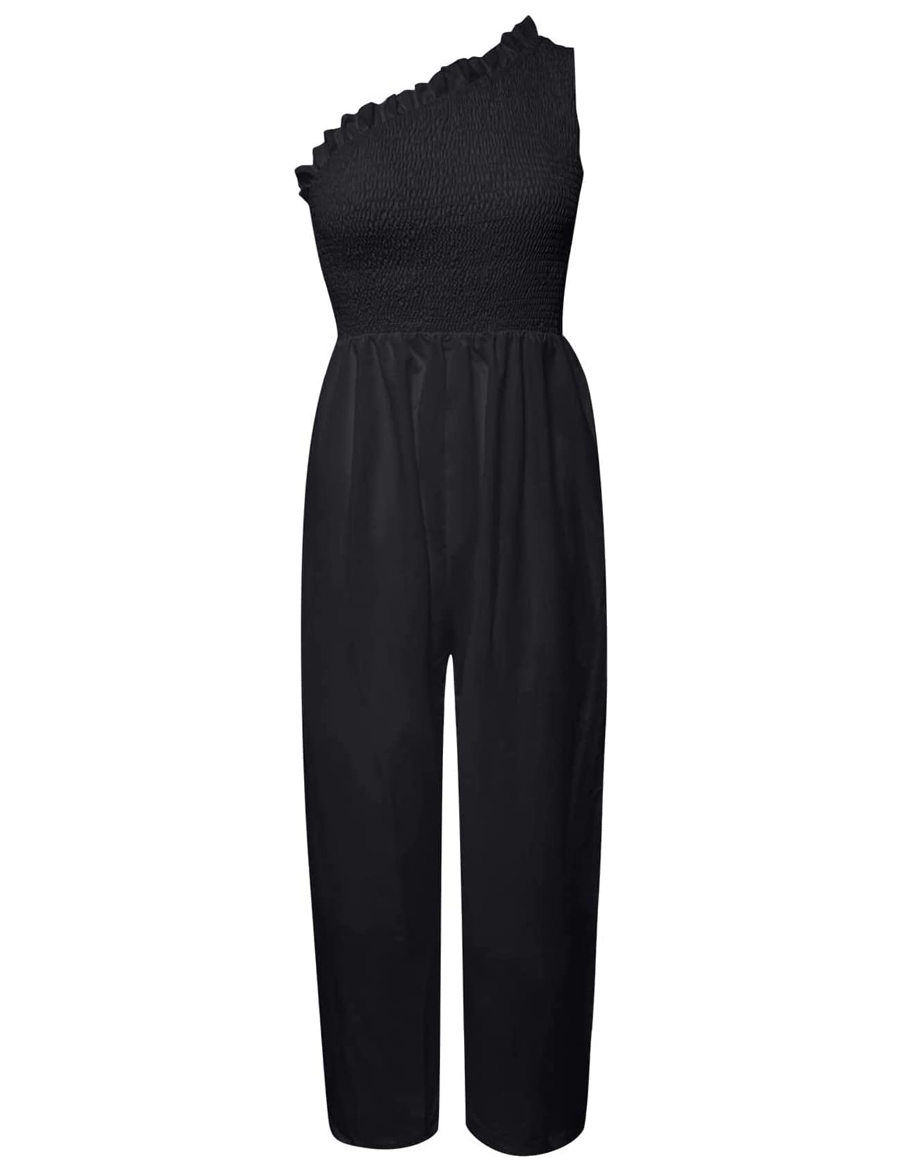 Kissonic Women's One Shoulder Smocked Jumpsuit - High Waist Wide Leg Romper with Pockets | Summer Beach Wear, Party Outfit, Casual Fashion