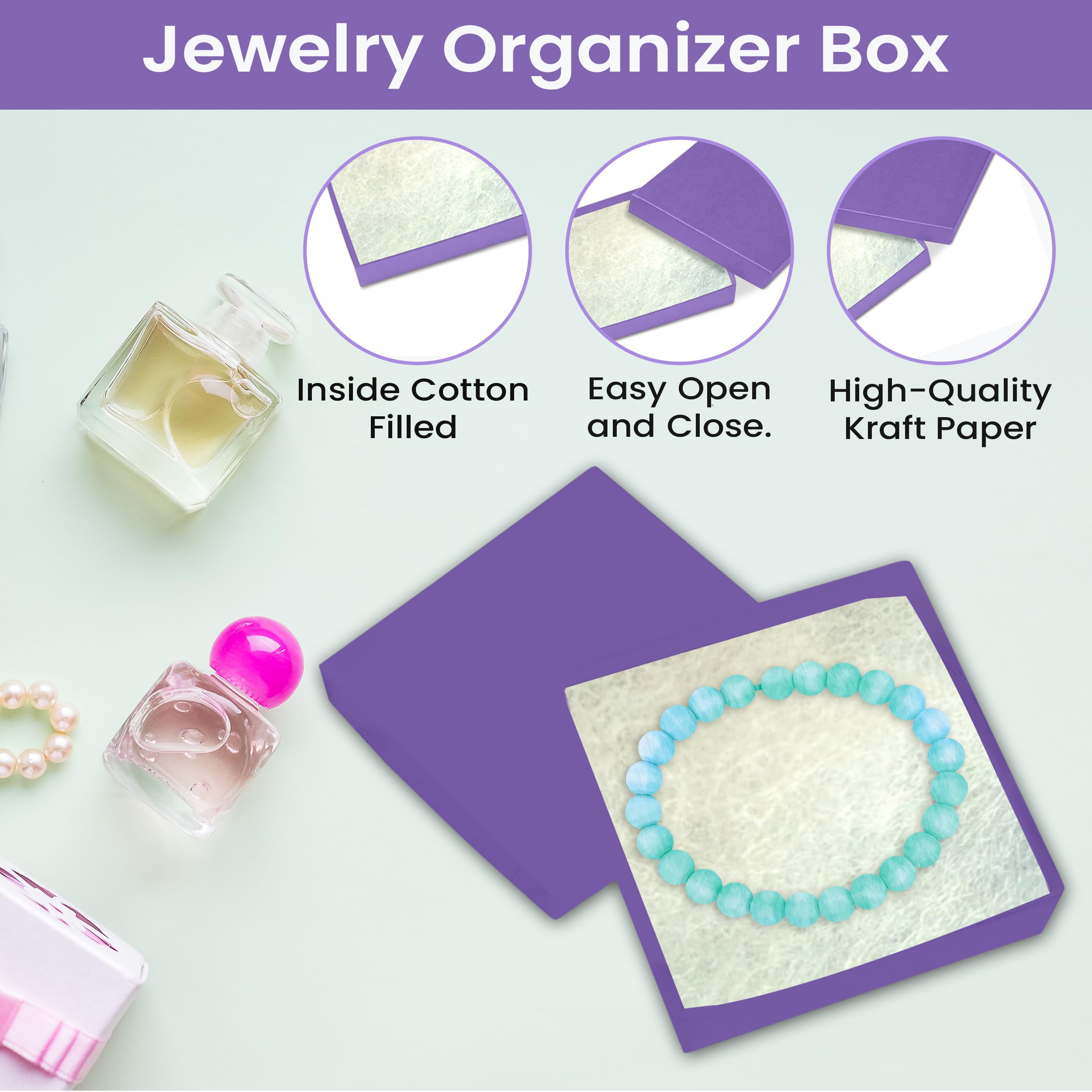 100 Pack Purple Jewelry Gift Boxes 3.5x3.5x0.87 Inches with Cotton Filling | Premium Cardboard Jewelry Storage Box with Lid | Made in USA | Perfect for Bracelets, Necklaces, Rings & Earrings | Great for Gifting, Retail Display & Organizing Jewelry Collections