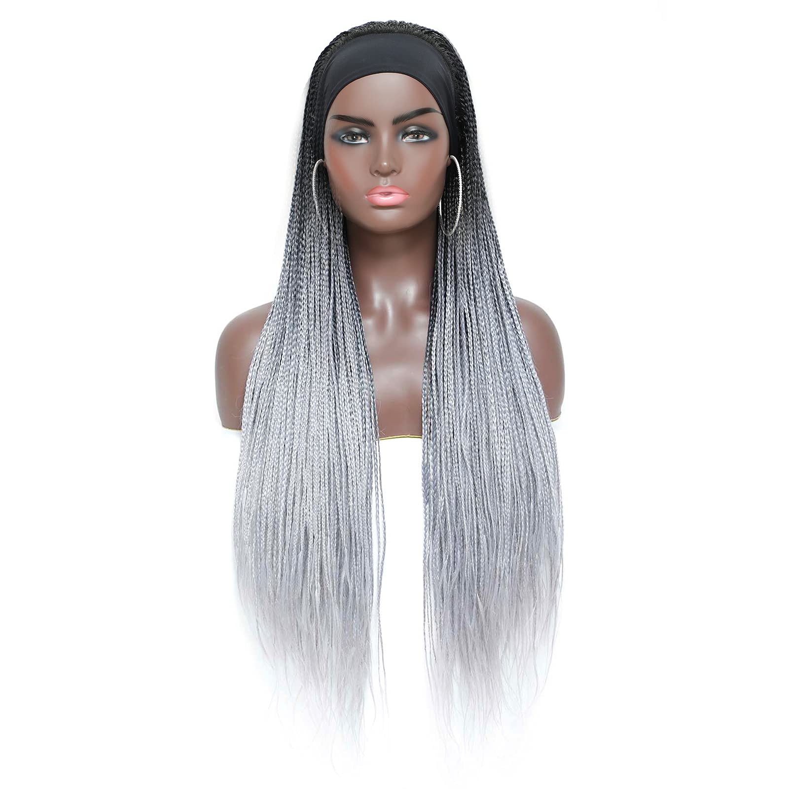 30 Inch Box Braided Headband Wigs for Black Women - Micro Braids Synthetic Wigs with Small Braids (1B/Gray) | Perfect for Daily Wear, Cosplay & Protective Styling