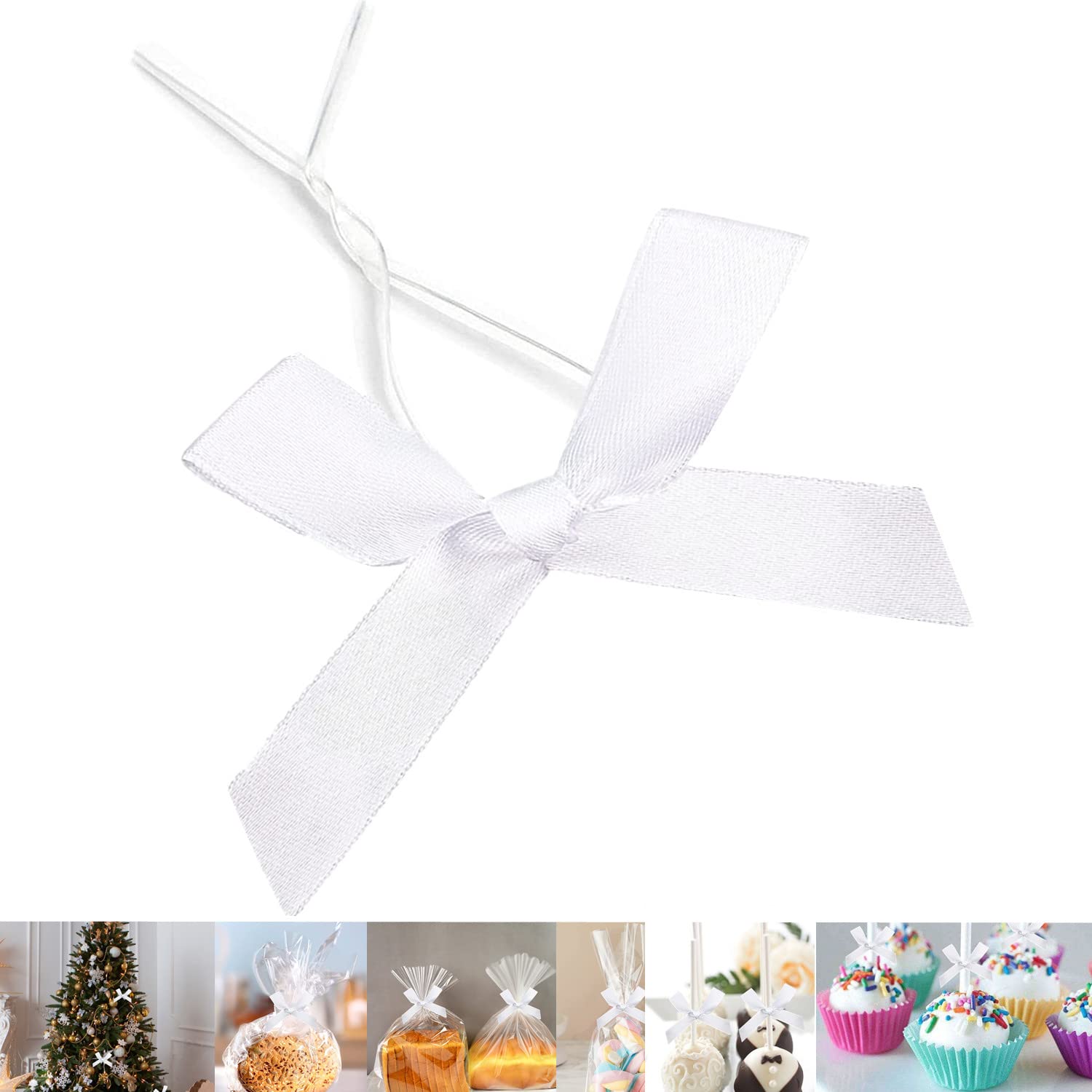 50 Pieces White Satin Bow Twist Ties for Gift Wrapping, Cake Pops & Treat Bags - Decorative Pretied Bows for Party Favors, Wedding Decor & DIY Crafts