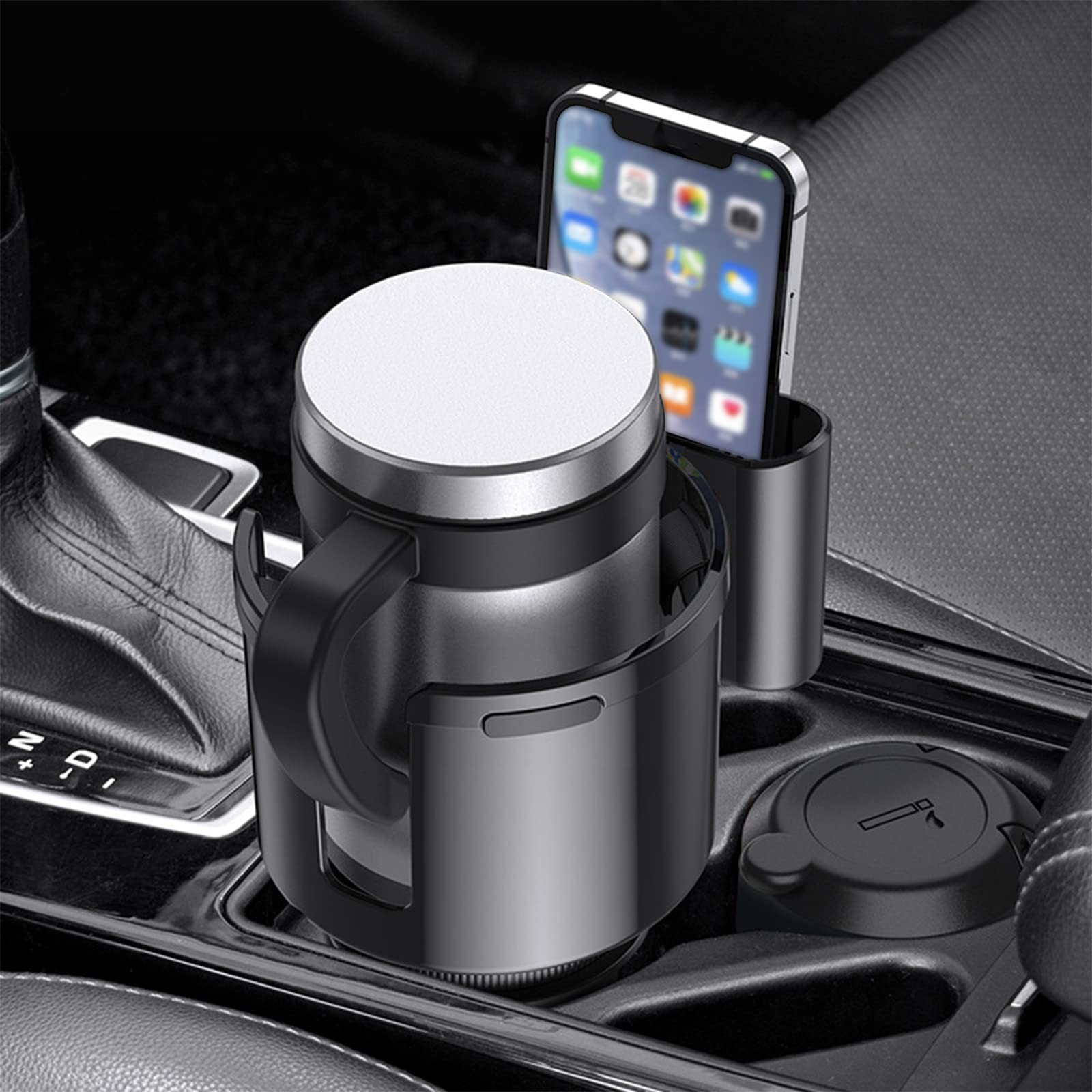 2-in-1 Car Cup Holder Expander & Phone Holder - Adjustable Base Organizer with Silicone Grips for Large 2/2.5 LB Drink Bottles (Black) - Perfect for Road Trips, Commuting & Travel Accessories
