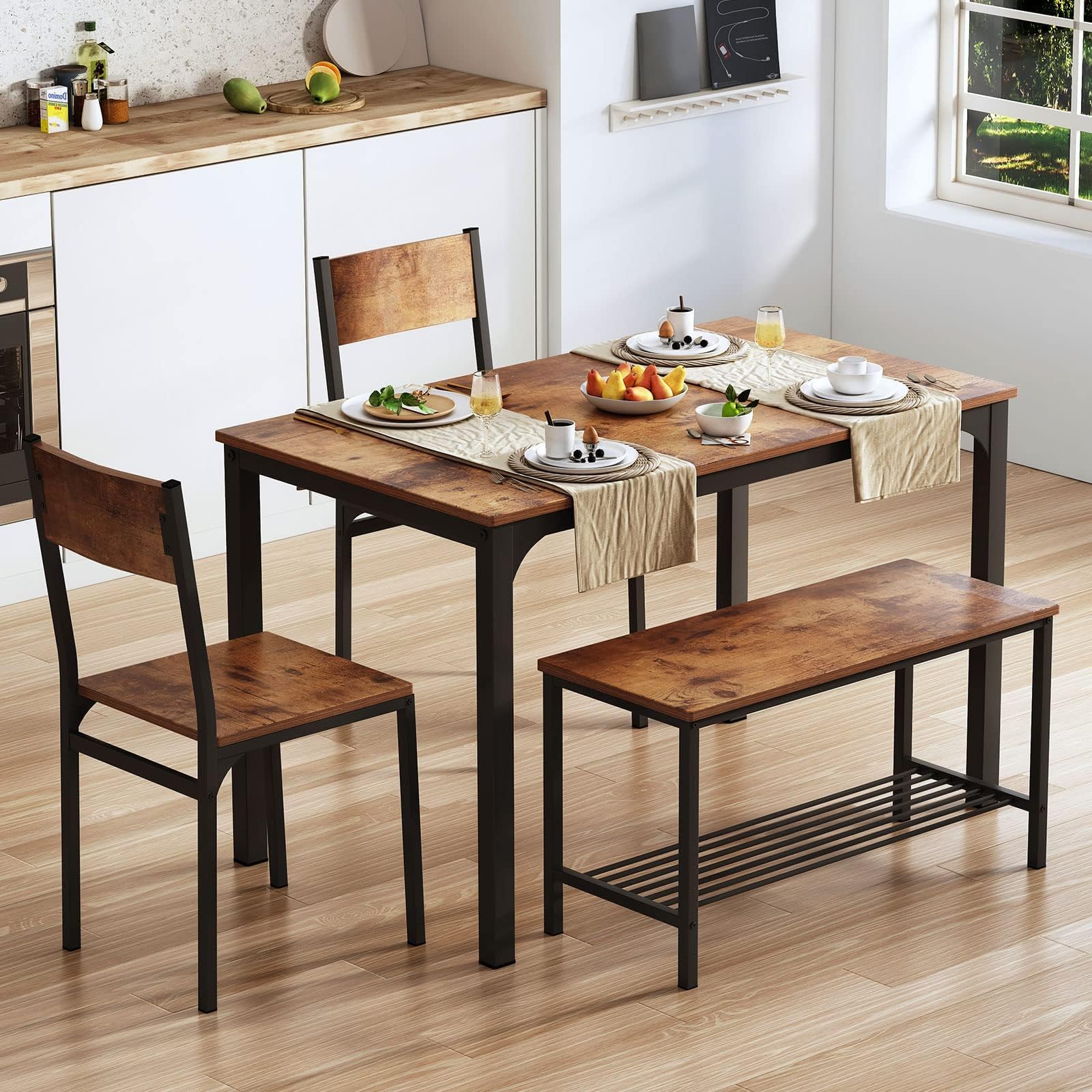 SogesPower 4-Piece Dining Table Set with 2 Chairs & 1 Bench - Rustic Brown Kitchen Table for Small Spaces | Perfect for Dining Room, Restaurant, Apartment & Compact Living Areas