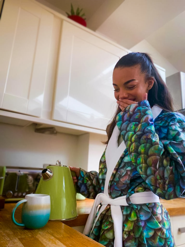 Luxury Terry Abalone Mermaid Scale Bathrobe by Cape Cali - Soft Plush Kimono Robe for Women, Spa, Beach Cover Up & Loungewear