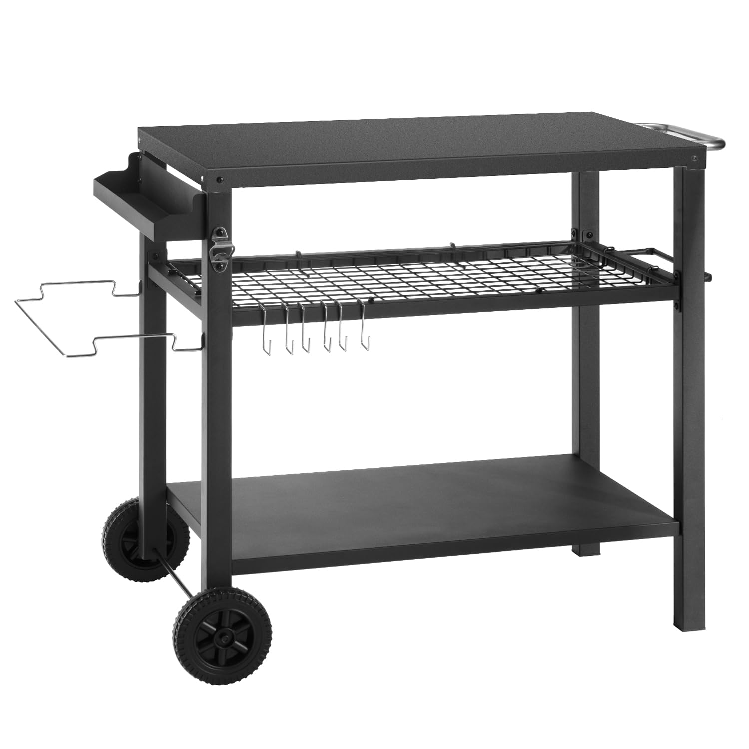 3-Tier Rolling Kitchen Cart - Portable Outdoor BBQ Grill Table with Pizza Oven Stand & Hooks - Multi-Functional Food Prep Station for Indoor/Outdoor Use - Perfect for Patio Cooking, Backyard Parties & Small Space Kitchens (Black)