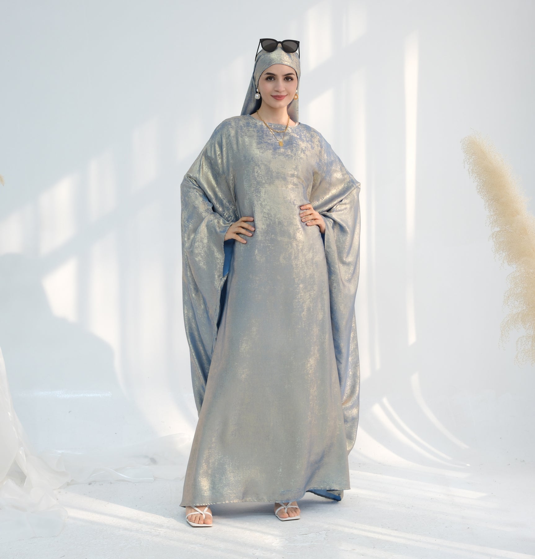 Linora Elegant Shimmer Butterfly Abaya Dress for Women - Sage Green Islamic Prayer Gown | Perfect for Eid, Ramadan, and Special Occasions