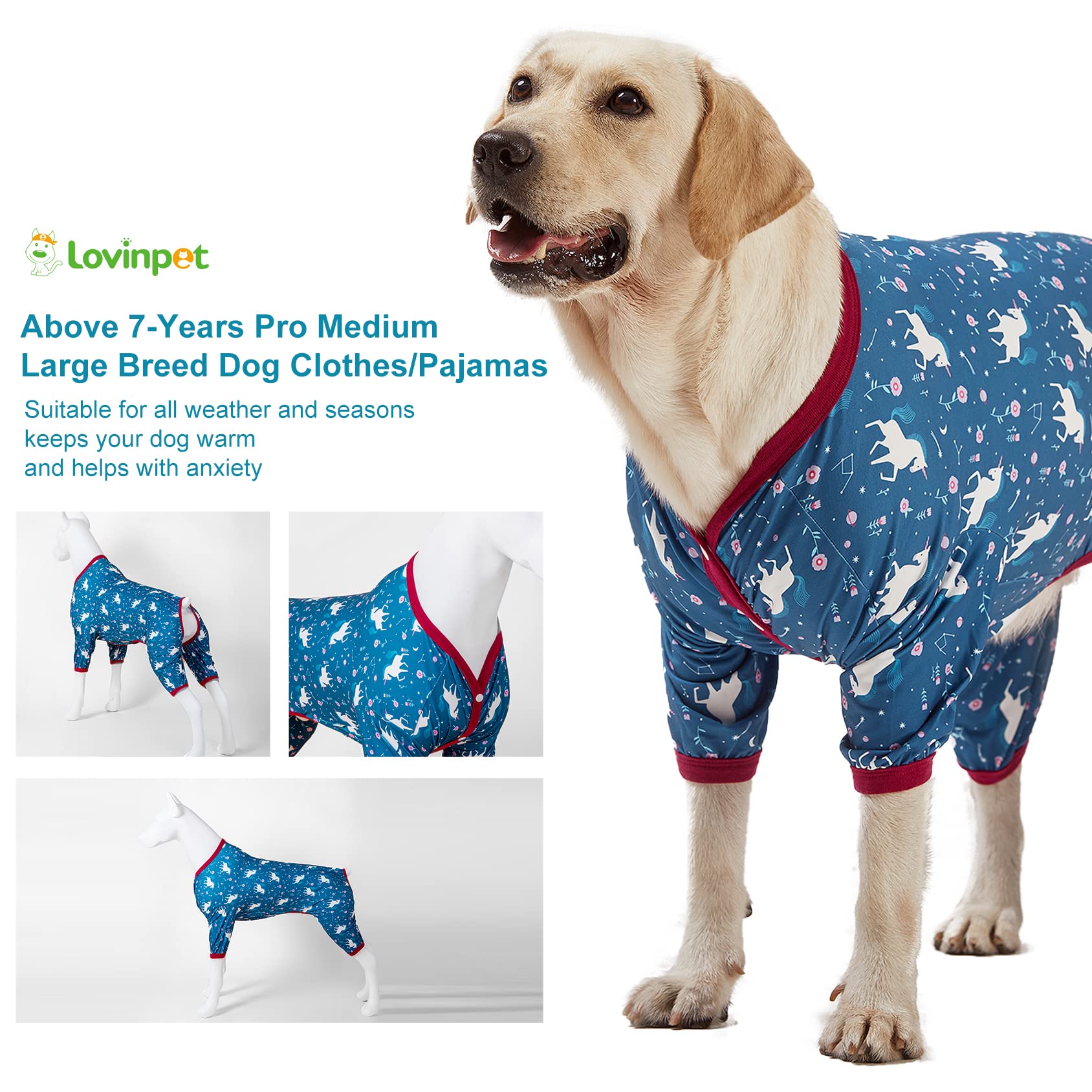 LovinPet Large Dog Shirt - Anti Licking Dog Undershirt for Coats, Anxiety Relief Onesie, Floral Pony Navy Print, Large Breed Dog Clothes & Pajamas | Perfect for Cold Weather, Post-Surgery Recovery, and Calming Anxious Pets