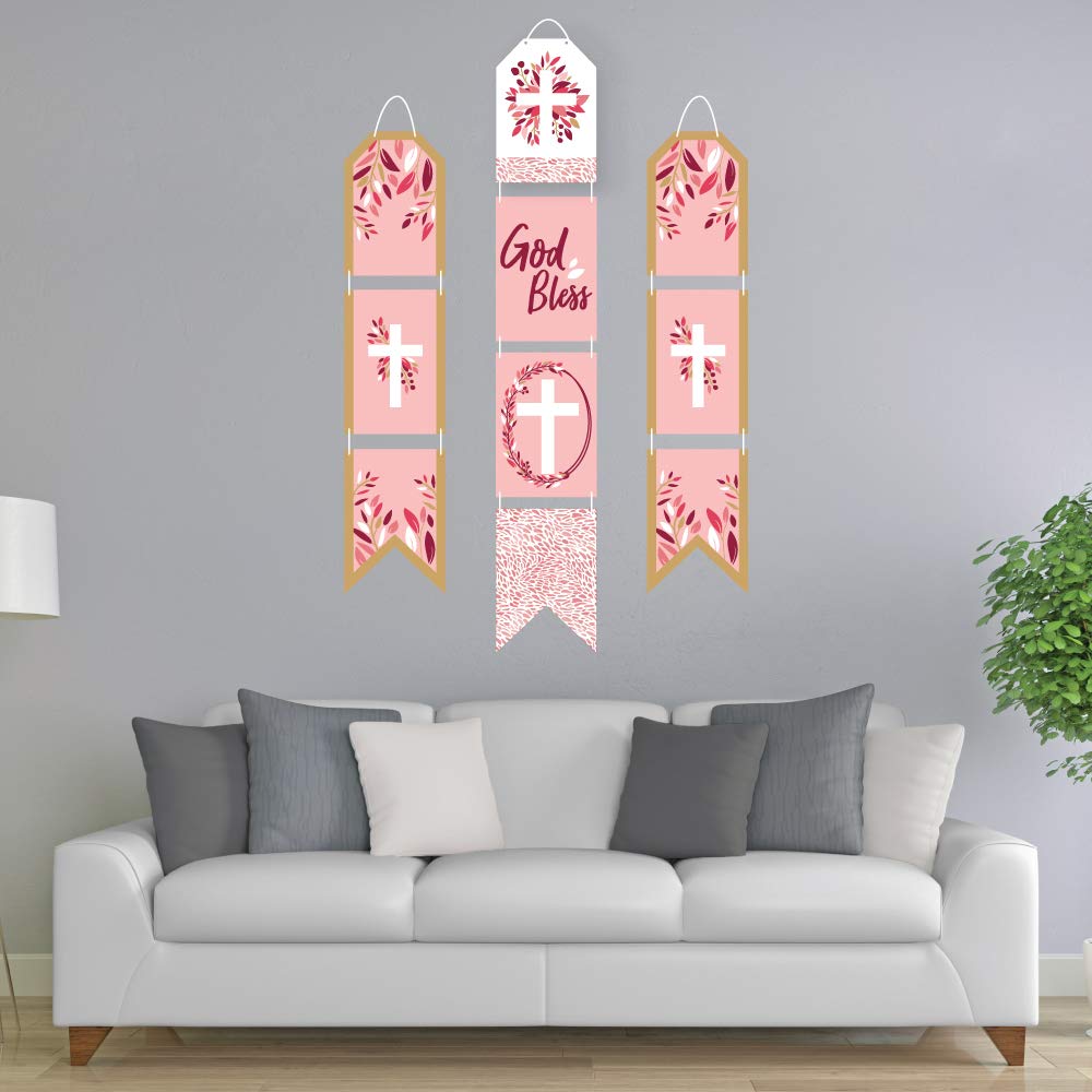 Elegant Pink Cross Hanging Paper Door Banner - Religious Wall Decoration Kit for Girls - Indoor Party & Home Decor - Perfect for Baptisms, First Communions & Church Events