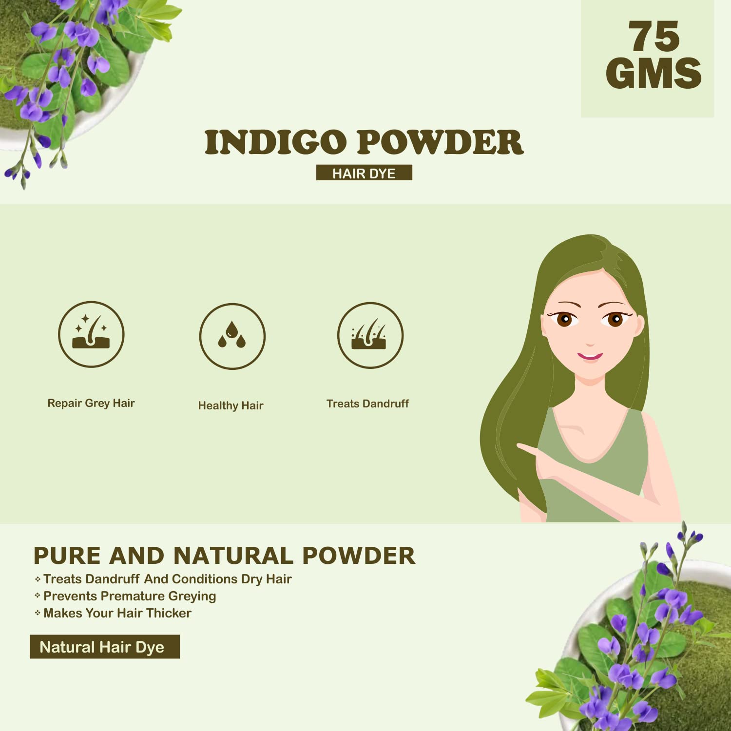 Kimayra Natural Indigo Powder Hair Dye – Long Lasting & Safe Hair Color for Women & Men | Promotes Healthy Hair Growth, Reduces Dandruff & Adds Shine | 75g (Pack of 2) | Perfect for DIY Hair Coloring at Home & Natural Hair Care Routine