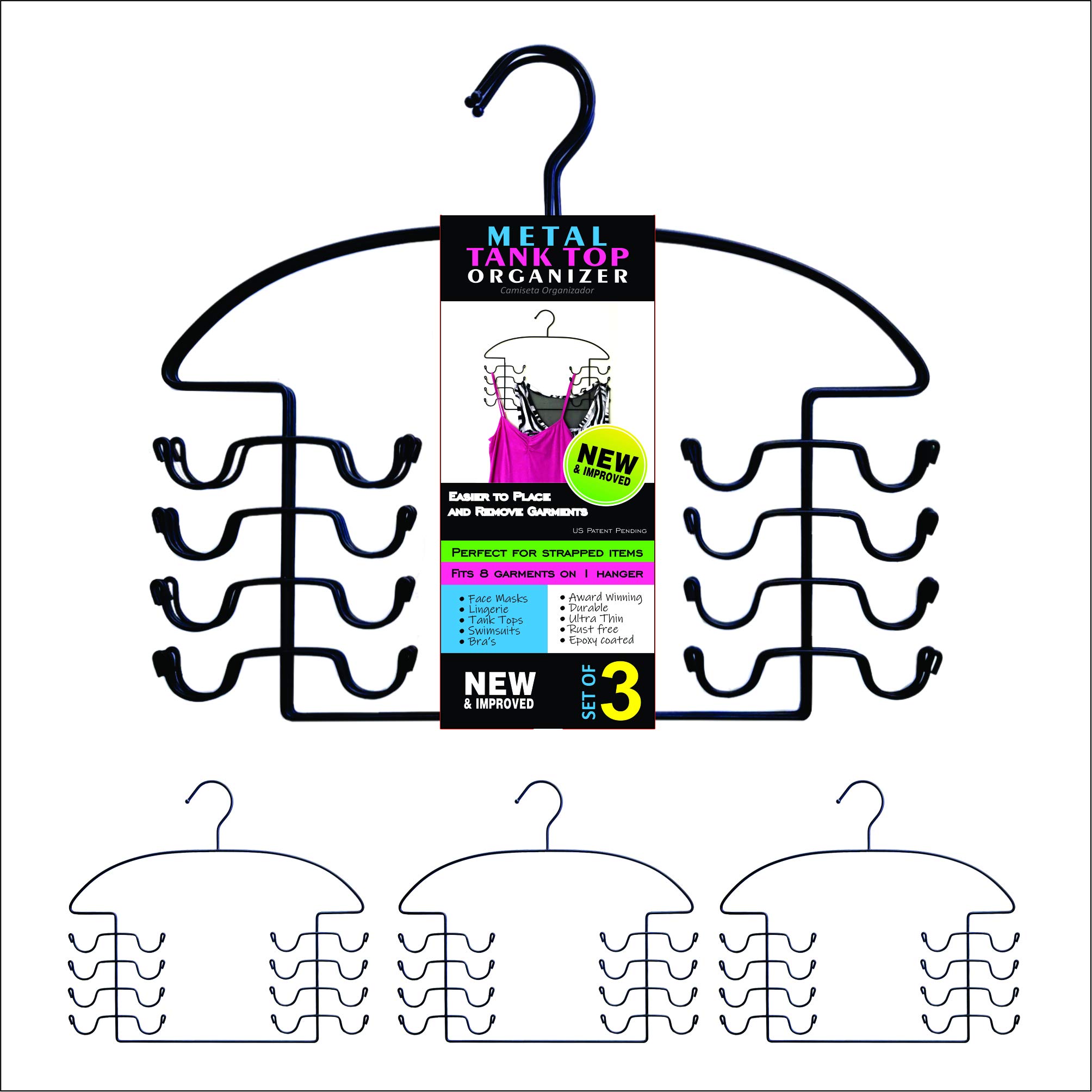Dr. Organizer Steel Closet Organizer Hangers for Tanks, Tops, Bras & Cami Tops - Space Saving Closet Storage Solution (3 Pack, Black) | Perfect for Small Closets, Dorm Rooms & Apartment Organization