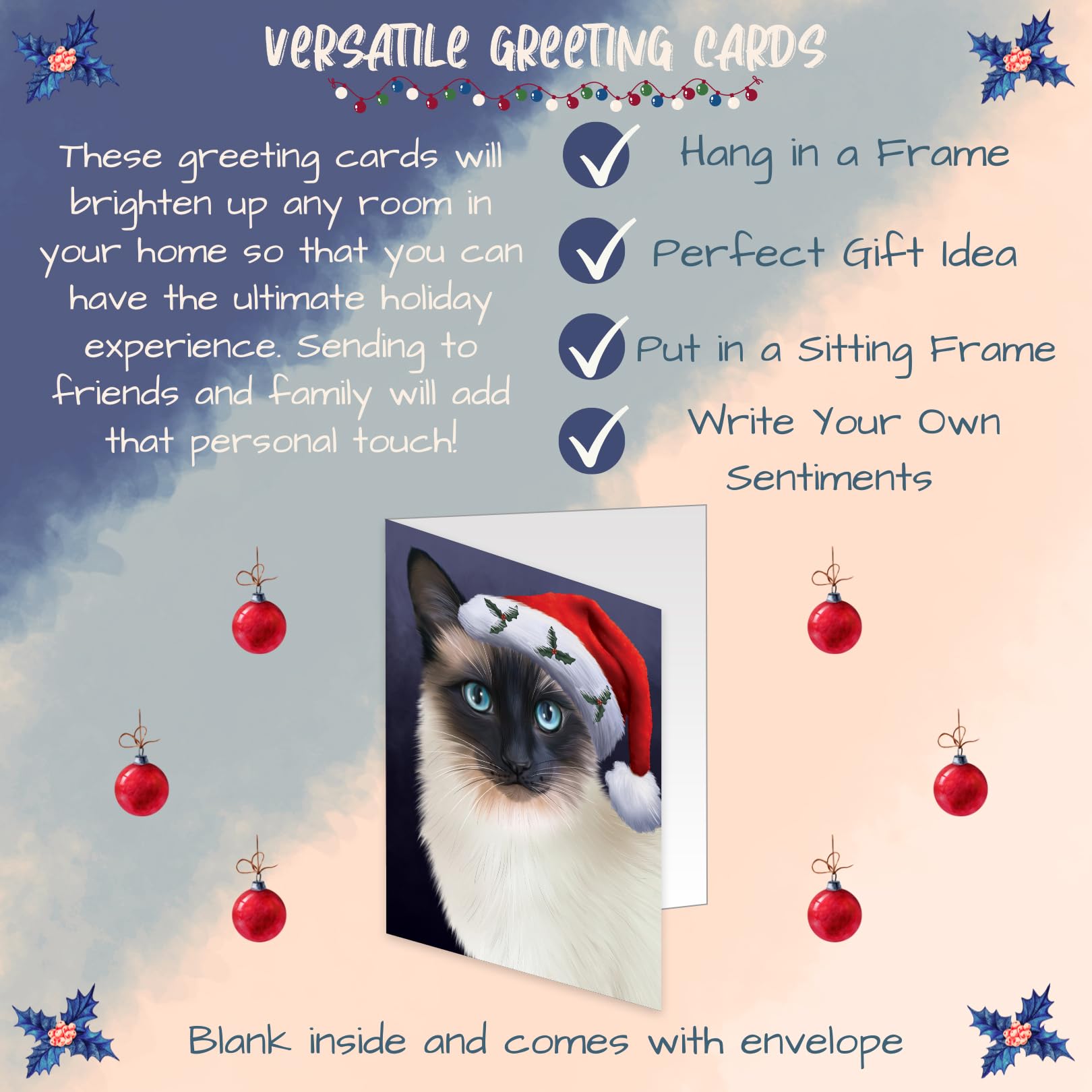 Christmas Santa Hat Wearing Siamese Cat Greeting Cards - 10 Adorable Pet Holiday Cards with Envelopes - Cute Cat Christmas Invitations for Pet Lovers - Perfect for Holiday Parties, Gift Exchanges & Festive Greetings