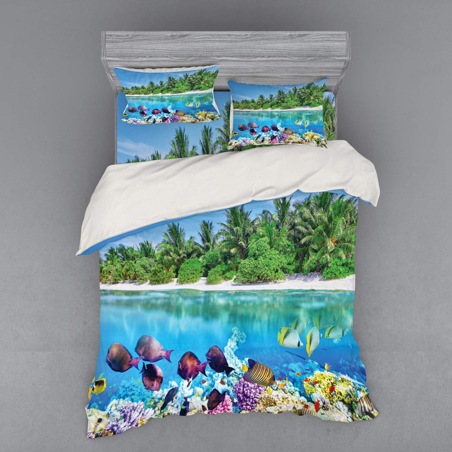 Ambesonne Island Queen Size 4-Piece Bedding Set - Sandy Seacoast Underwater Aquatic World Duvet Cover with Shams & Fitted Sheet, Maldives Travel Diving Paradise Theme, Multicolor | Perfect for Beach-Themed Bedrooms, Vacation Homes & Tropical Decor
