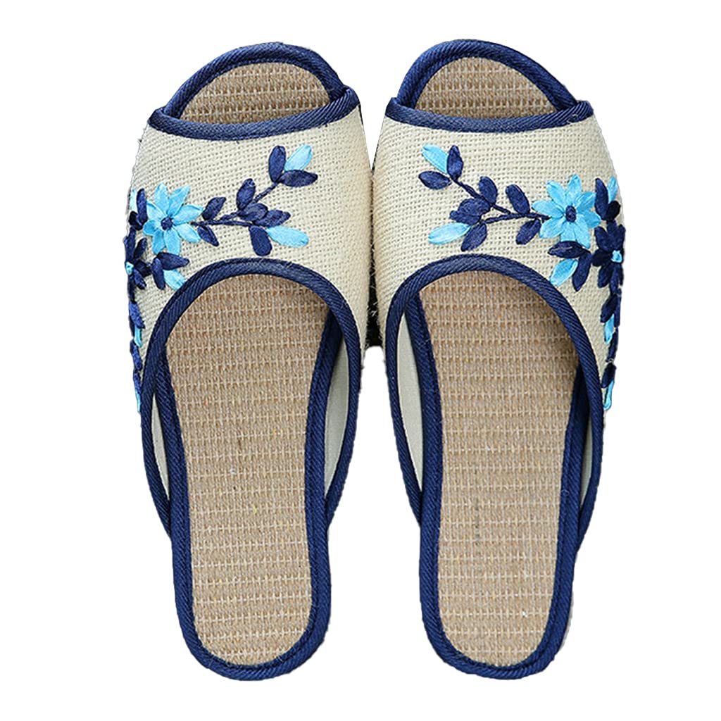 YANGU Women's Open Toe Non-Slip Linen Slippers with Chinese Floral Embroidery - Leather Flat Slide Sandals for Casual Home, Office & Indoor Wear