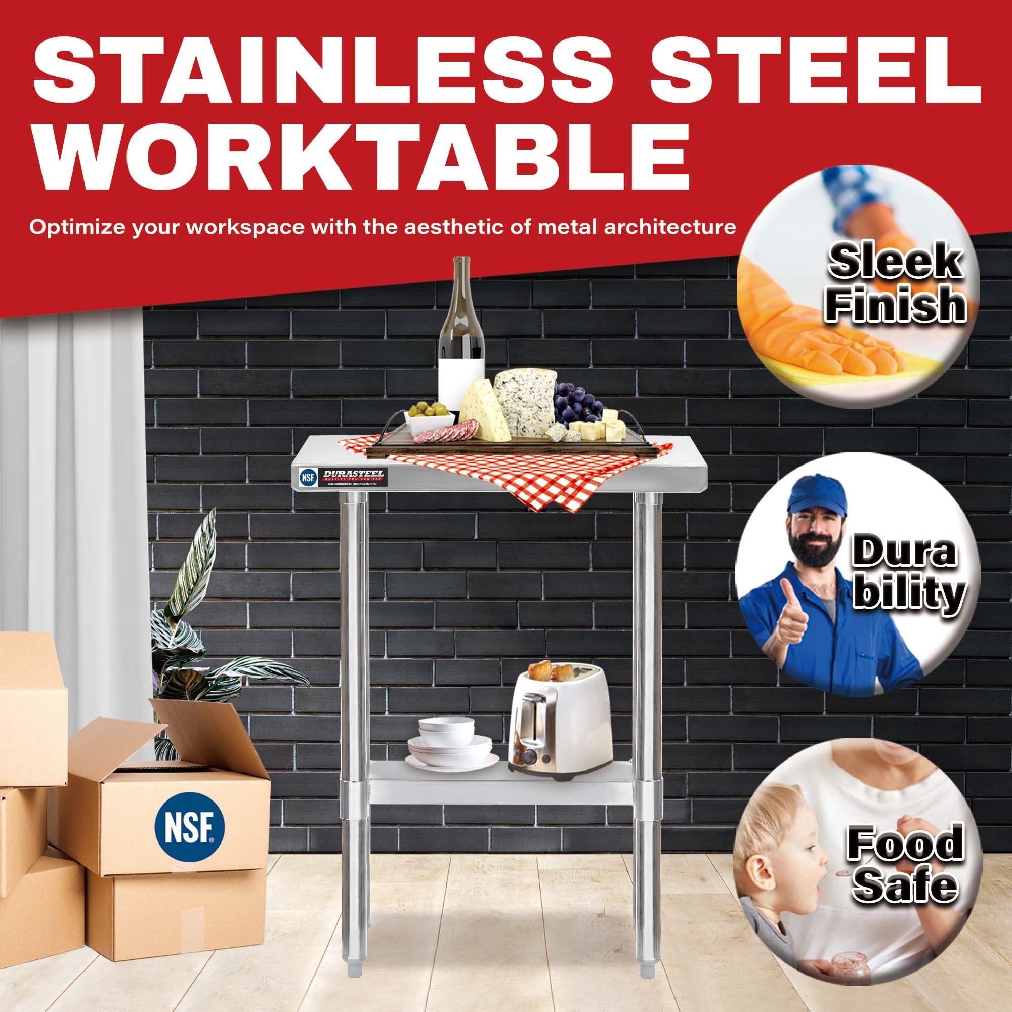 DuraSteel 30x12 Narrow Stainless Steel Table - NSF Certified Small Side Counter Height Metal Table with Under Shelf - Perfect for Food Prep, Laundry Room, Kitchen, Outdoor Grill & Small Spaces - Heavy Duty & Space Saving Design