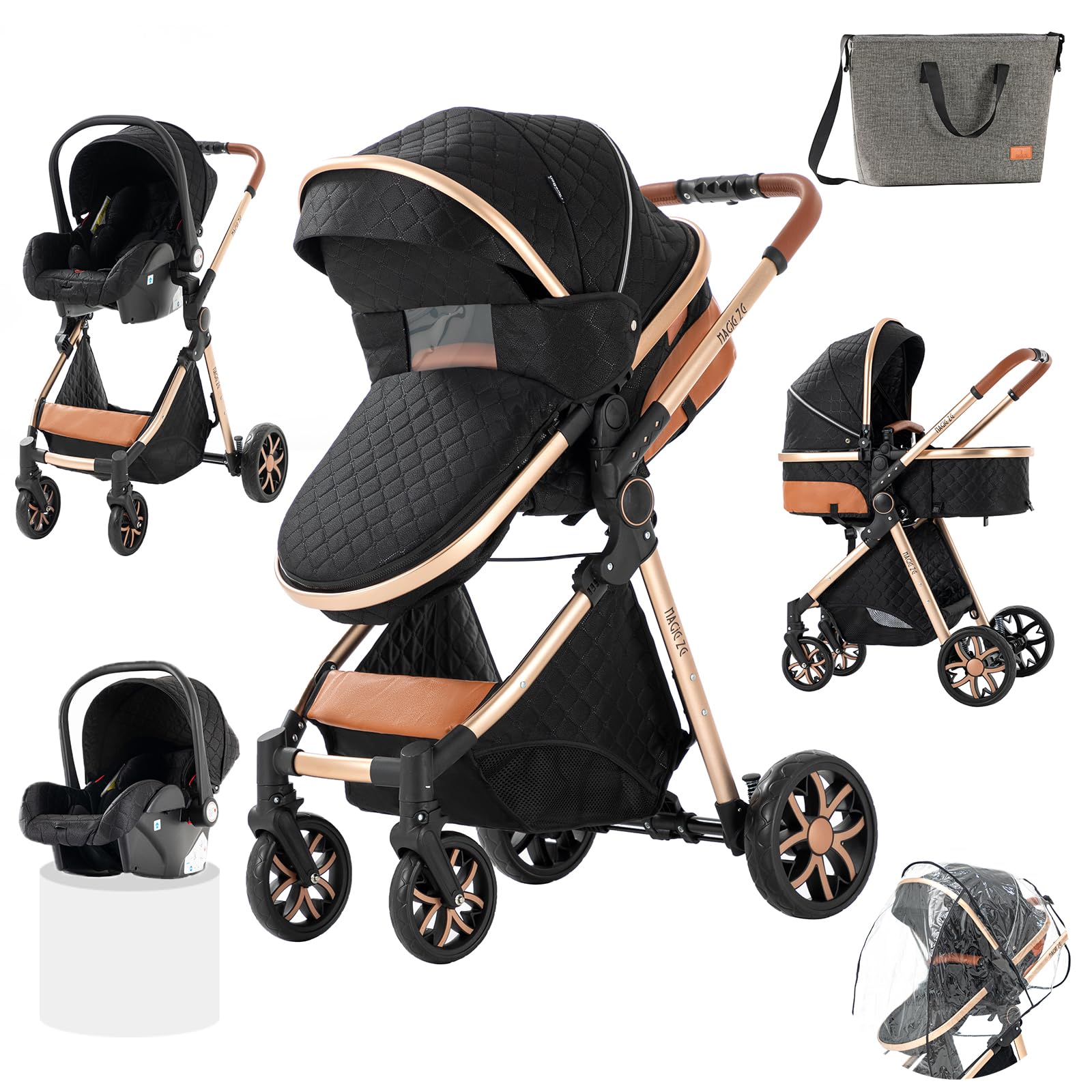 3 in 1 Baby Stroller Travel System - Reversible Newborn Foldable Pram with Infant High Landscape Pushchair, Portable Standard Stroller & Reclining Buggy | Perfect for Shopping, Travel & Outdoor Walks (MGV9-BLACKGOLD without Base)