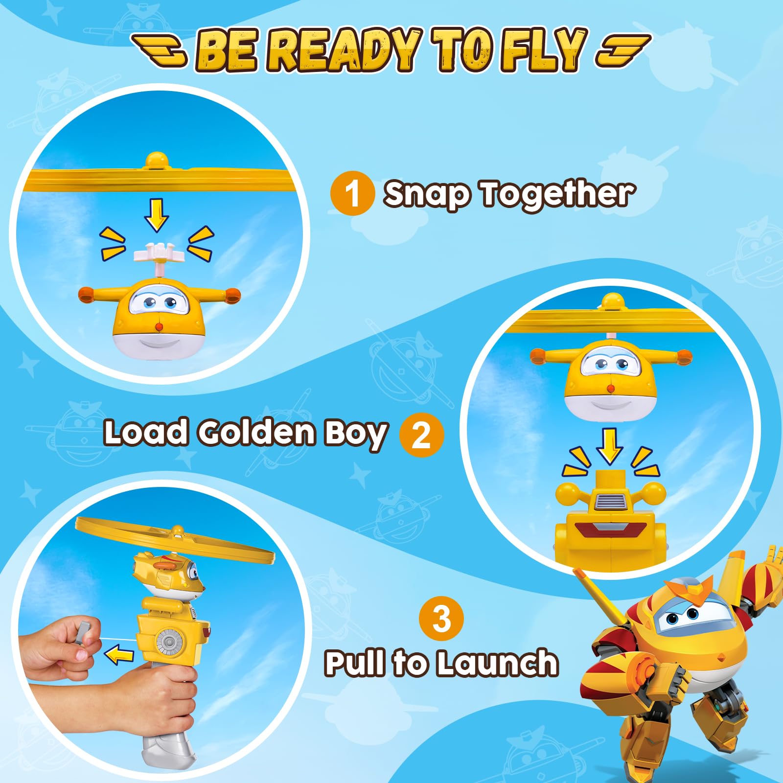 Super Wings Outdoor Flying Toy for Kids Ages 3-9 - Golden Boy Airplane Launcher with Flying Discs, Fun Toddler Outdoor Games for Boys & Girls - Perfect for Backyard Play, Park Activities, and Birthday Gifts