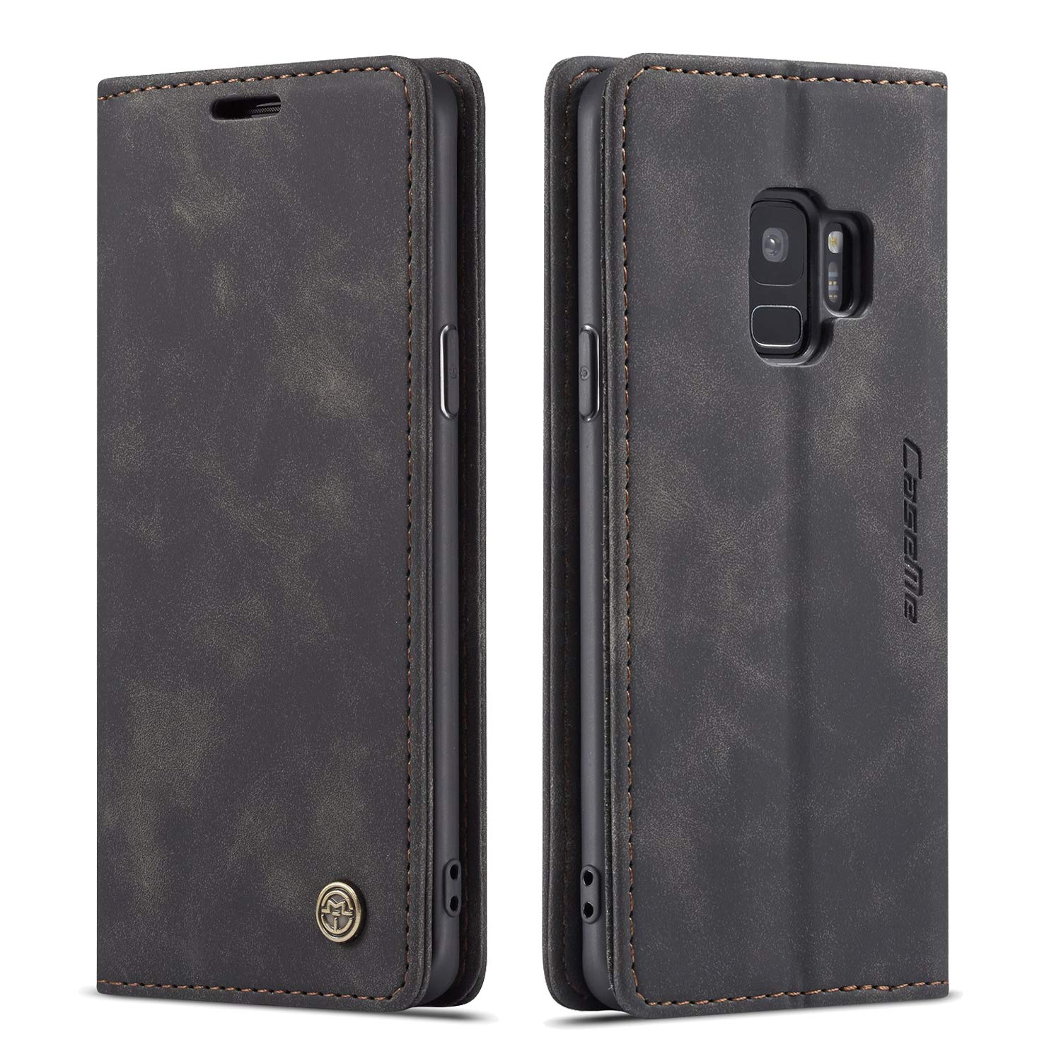 Samsung Galaxy S9 Wallet Case - Magnetic Flip Cover with Stand, ID & Credit Card Slots | Retro Leather Protective Case for Samsung Galaxy S9 (Black) | Perfect for Work, Travel & Everyday Use