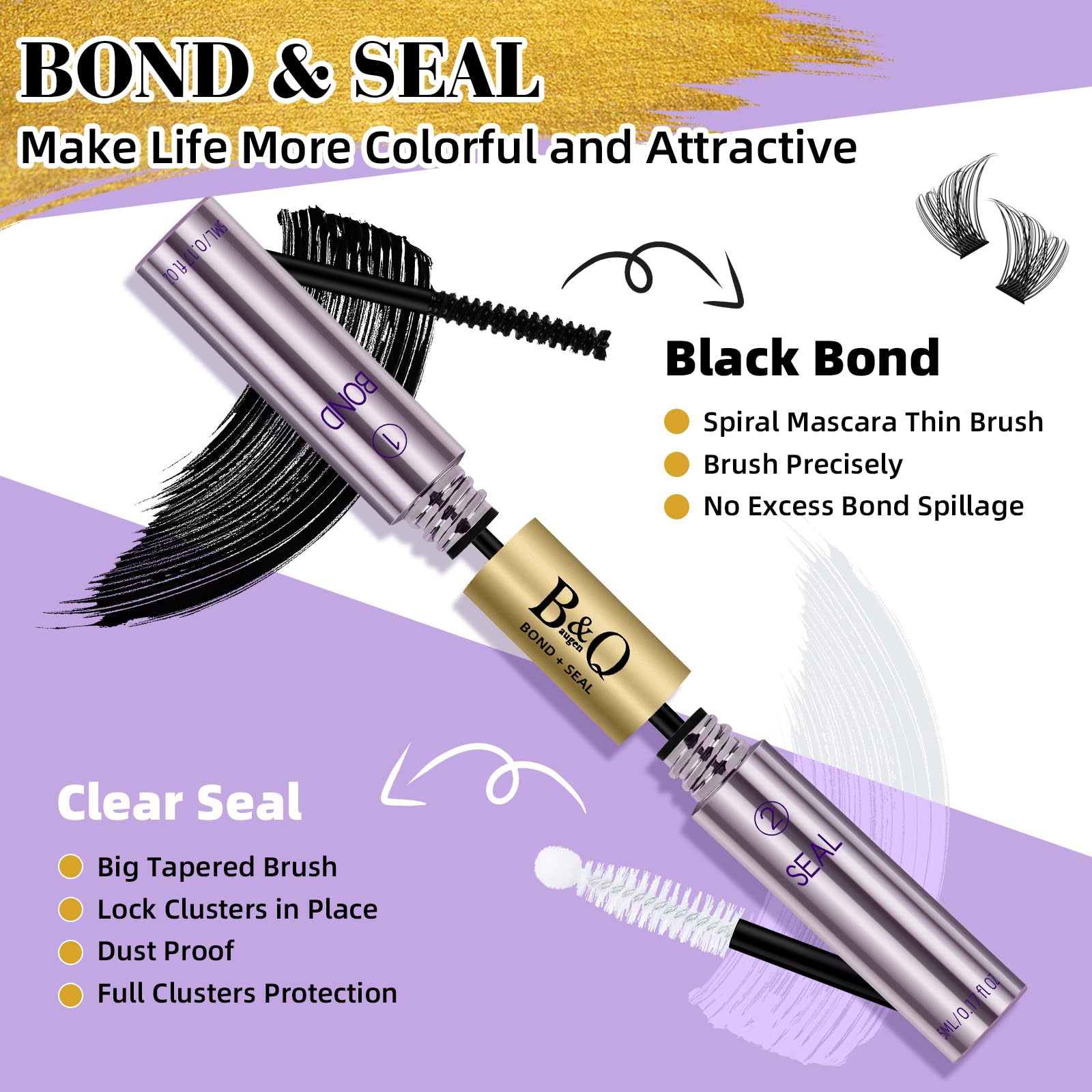 Waterproof 10ML Cluster Lash Glue - Strong Hold 2-in-1 Lash Bond & Seal for Eyelash Extensions | Long Lasting Black Eyelash Adhesive with Mascara Wand | Perfect for Professional Salon Use or DIY Home Lash Application