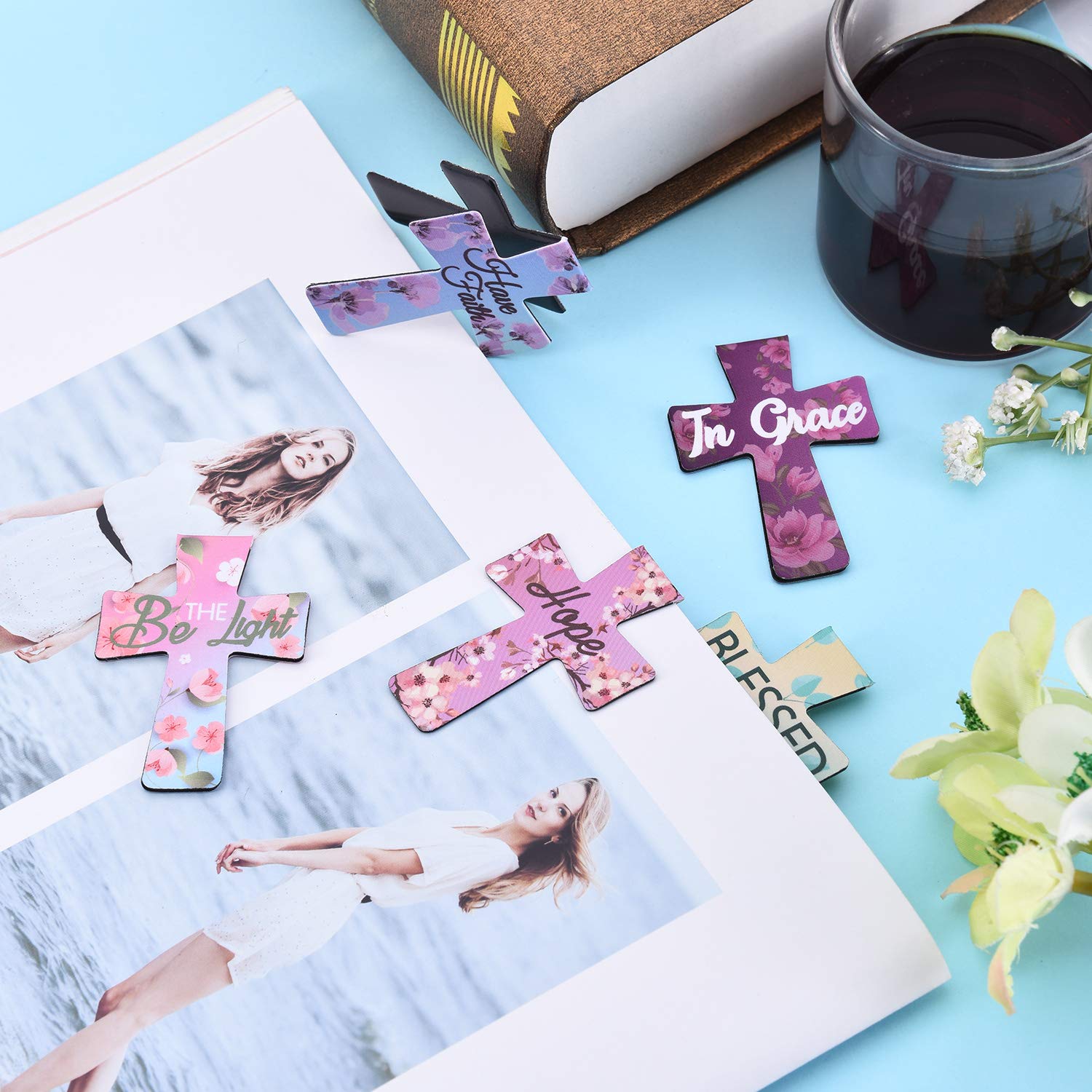 Outus 96-Piece Magnetic Christian Cross Bookmarks Set - Inspirational Bible Verse Page Clips for Women, Students & School Gifts (16 Floral Designs) - Perfect for Bible Study, Book Clubs & Religious Reading Accessories
