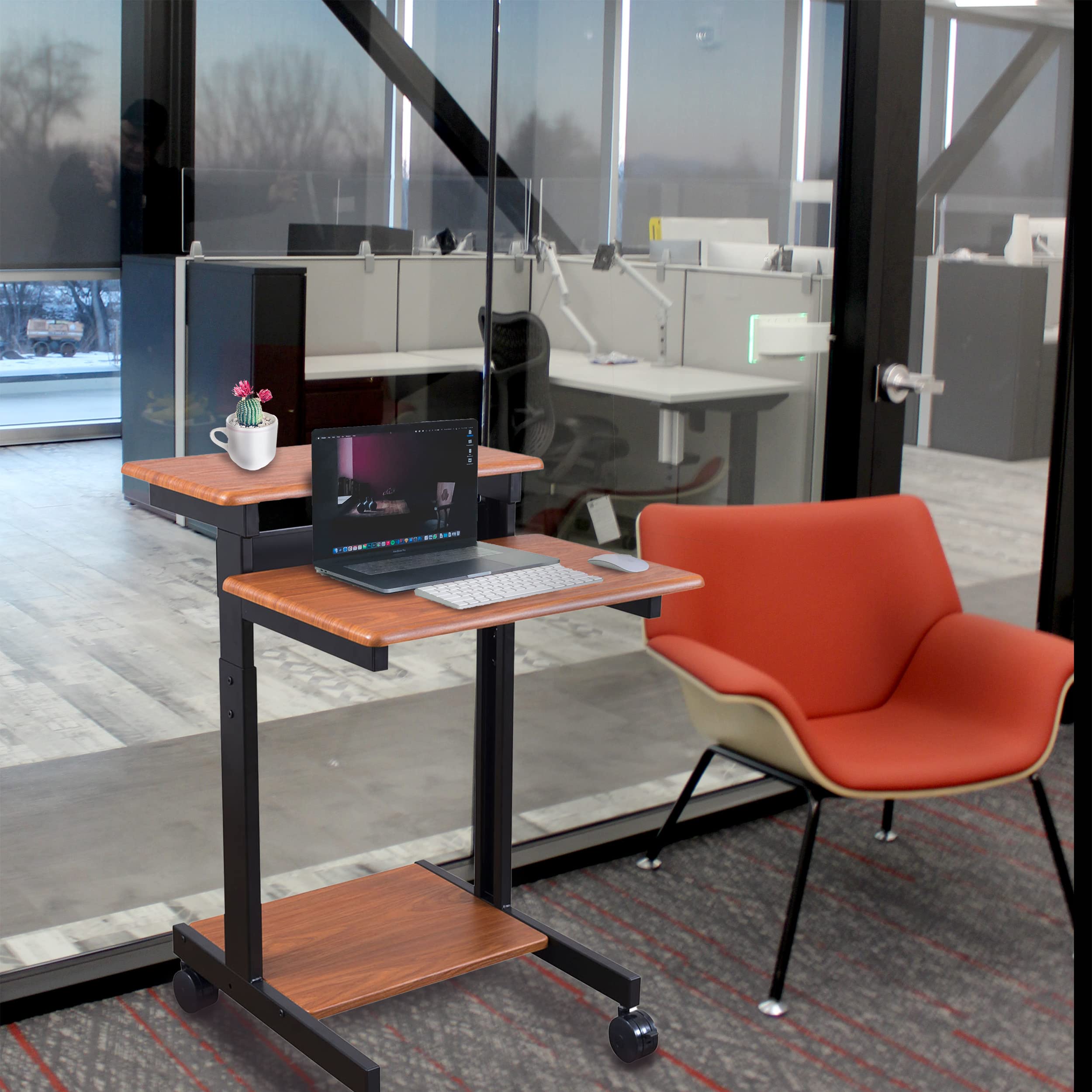 Adjustable Height Rolling Standing Desk with Two-Tier Workstation - Black Frame & Teak Top (24